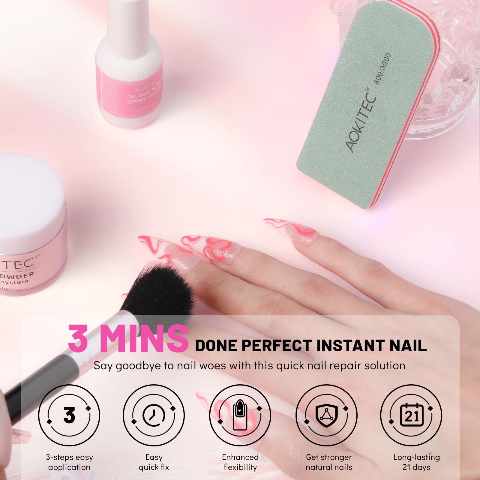 Aokitec Nail Repair Kit - 28g Jelly Pink Builder Powder for Broken Cracked Split Weak Nails with Nail Repair Solution | Emergency Quick DIY Natural Crystal Pink Nails | Perfect for Home Salon, Nail Art, and Manicure Care