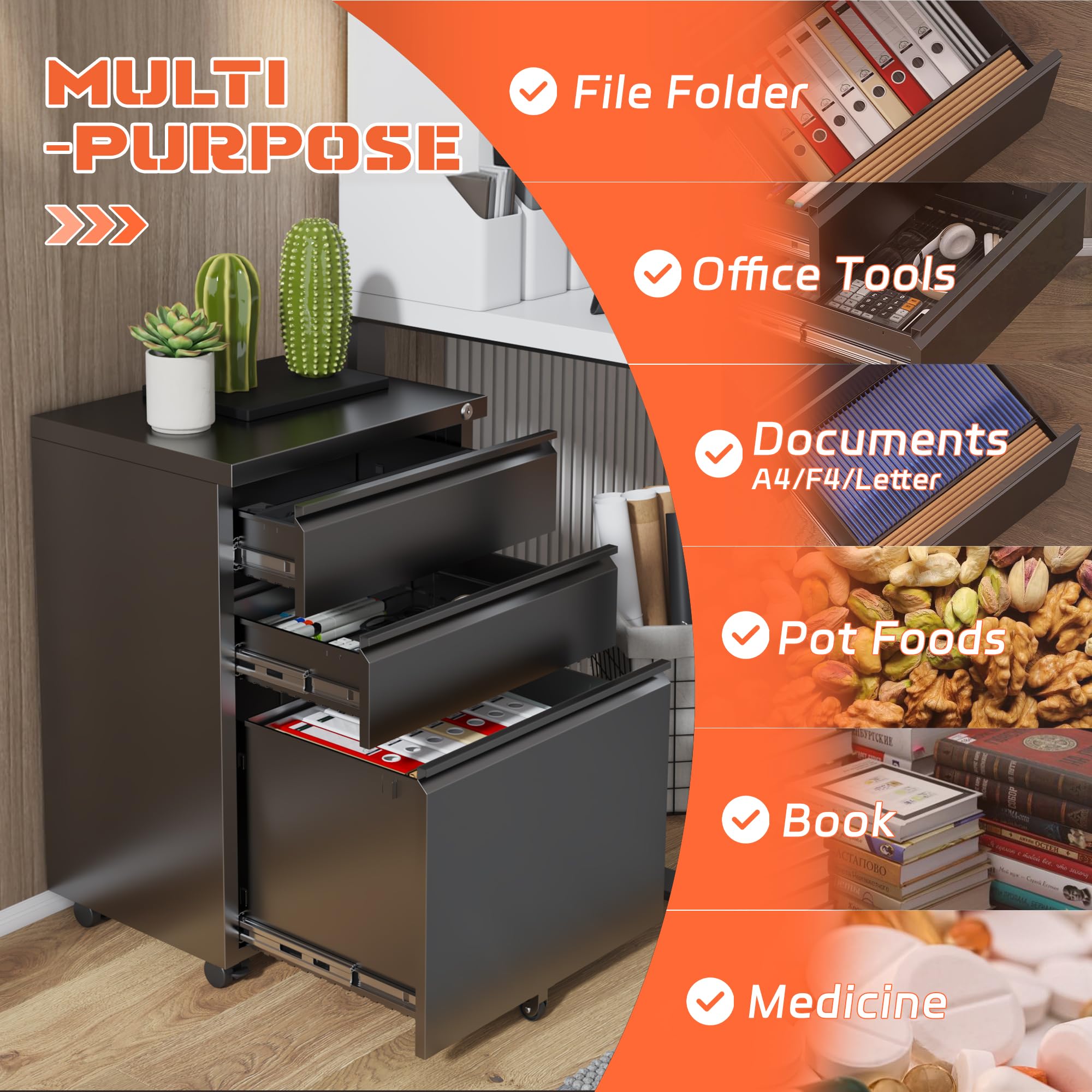 INTERGREAT 3-Drawer Lockable Mobile File Cabinet with Wheels - Under Desk Metal Filing Storage for Home & Office - Holds Legal/Letter/A4 Size Documents (Black) - Perfect for Small Spaces & Organized Workspaces