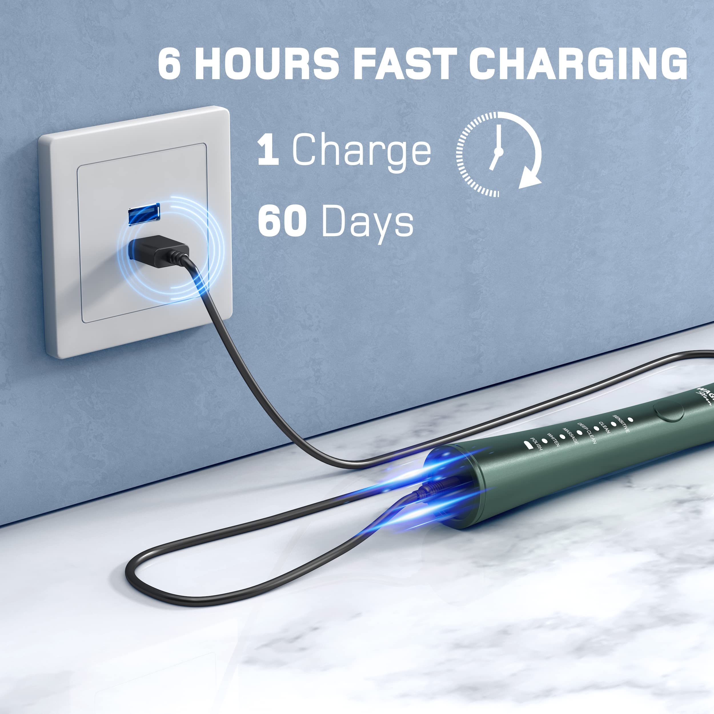 Wagner Stern Ultrasonic Whitening Electric Toothbrush with 8 Charcoal Black Brush Heads - Fresh Breath & Healthy Smile (Green) | Perfect for Travel, Home & Office Use