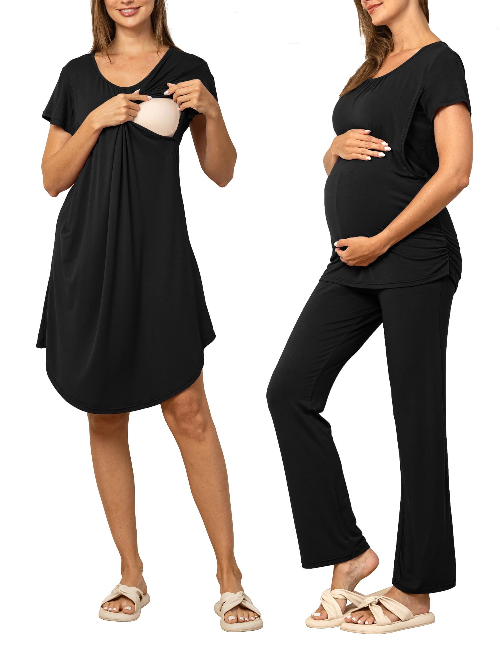 **SUNNYBUY Women's 3-Piece Maternity Nursing Nightgown Dress, Short Sleeve Breastfeeding Top & Pregnancy Pants Sleepwear Set - Comfortable Nursing & Postpartum Loungewear for New Moms**