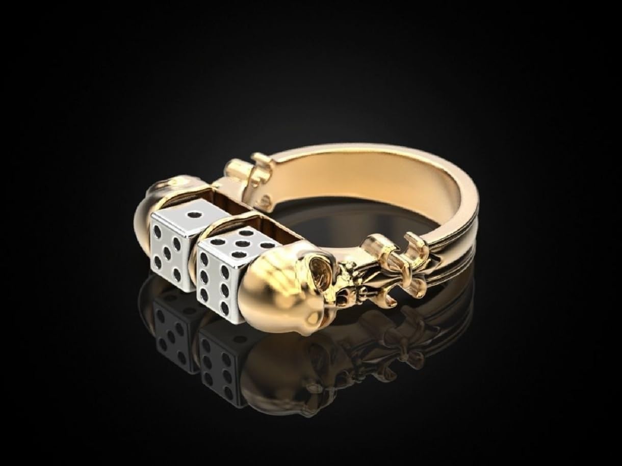 Gothic Skull Dice Biker Ring for Men - Punk Style Two-Tone Gold & Silver Lucky Dice Jewelry - Perfect for Halloween, Hip Hop Fashion, Motorcycle Enthusiasts and Biker Gifts