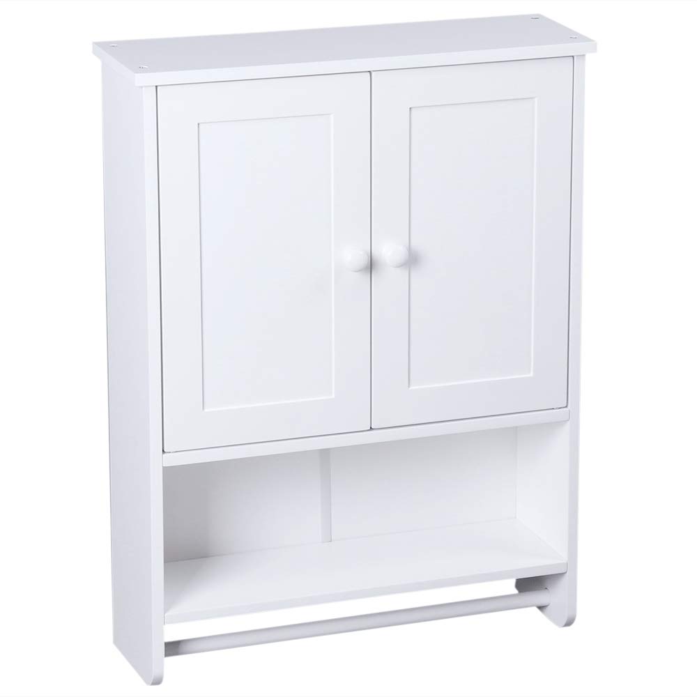 White Wall Mounted Cabinet with Double Doors & Hanging Bar - Bathroom & Kitchen Storage Cupboard for Towels, Dishes & Organizing Essentials