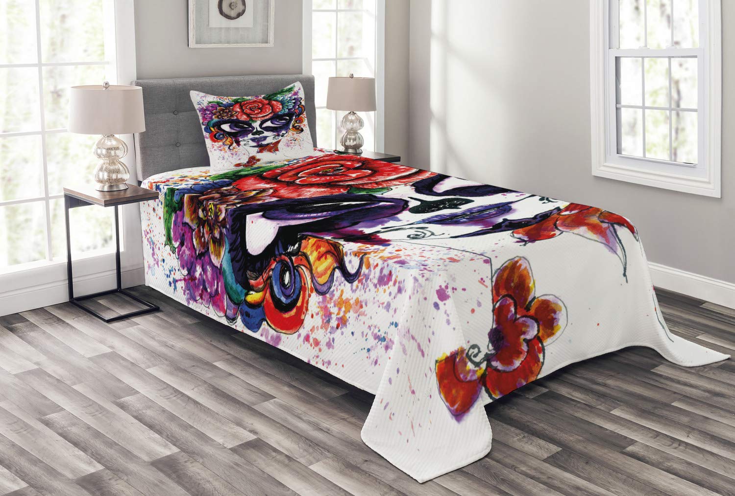 Ambesonne Sugar Skull Bedspread Set - Watercolor Floral Crown Girl Face Design, 3-Piece Twin Size Bedding with 2 Pillow Shams | Gothic Home Decor for Day of the Dead, Halloween & Boho Chic Bedroom