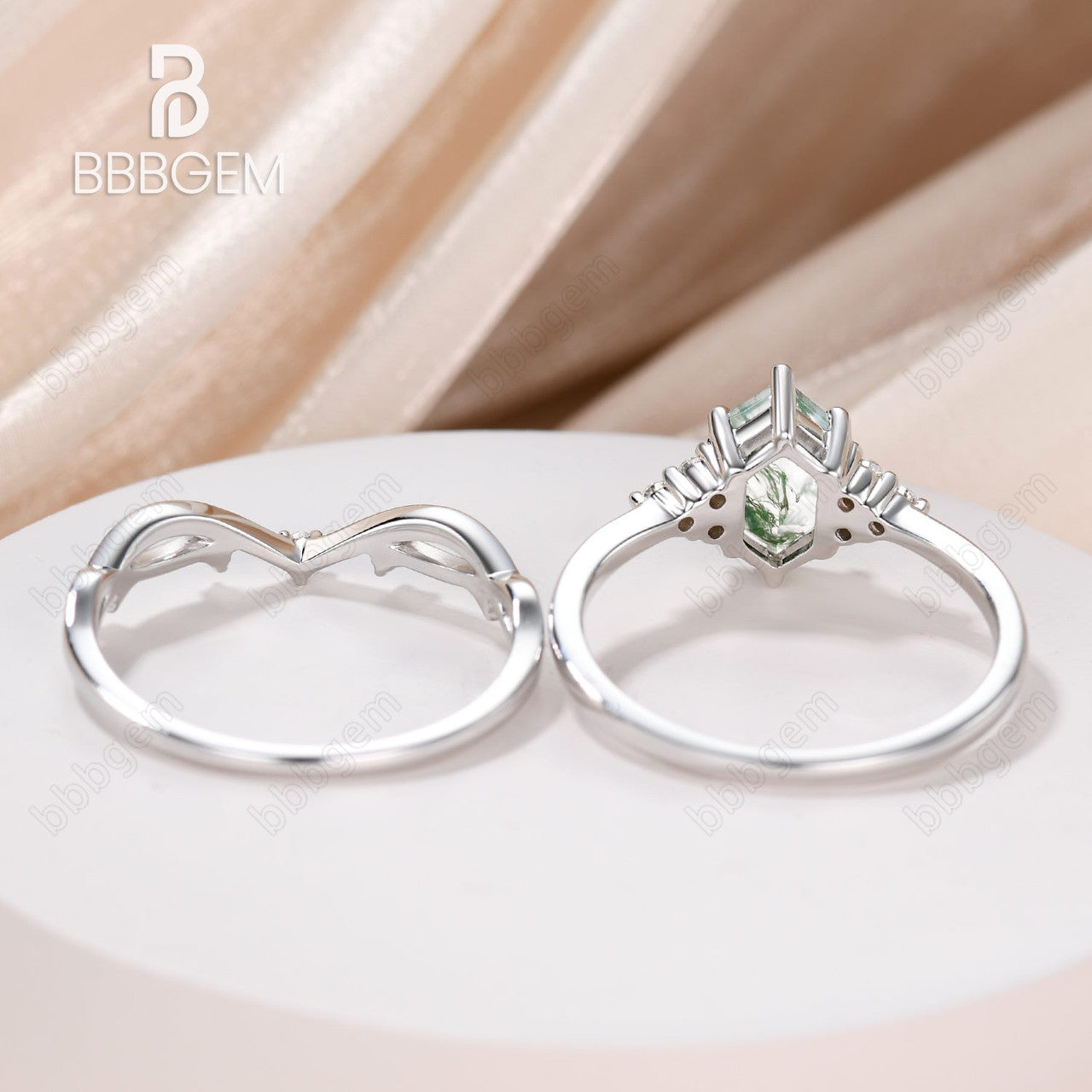 Vintage Moss Agate Hexagon Cut Branch Leaf Vine Art Deco Promise Ring Set for Women - Nature Inspired Jewelry for Engagement, Wedding, Anniversary & Everyday Boho Fashion