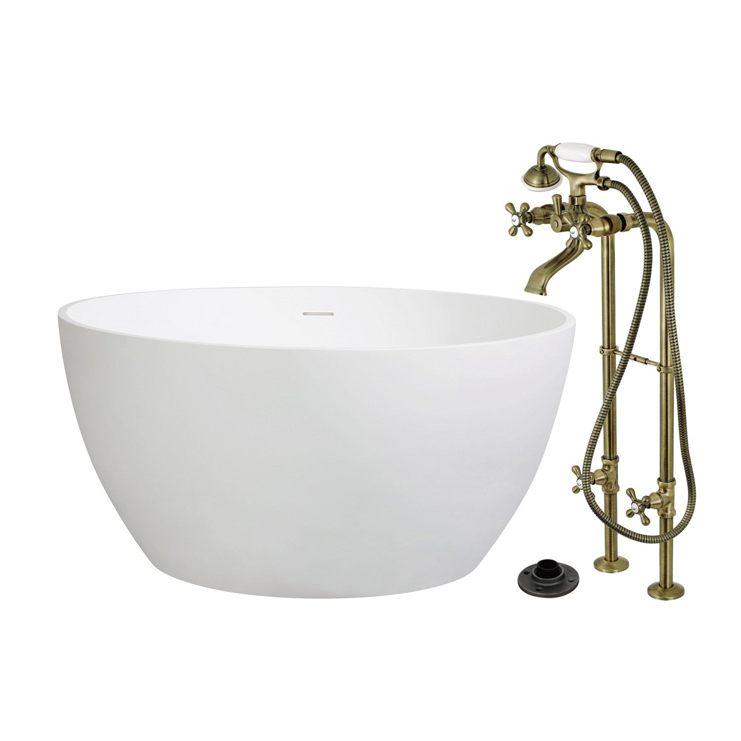 Arcticstone 45 Inch Freestanding Bathtub with Faucet - Solid Surface Round Double Ended Soaking Tub with Antique Brass Finish - Perfect for Luxury Bathrooms & Spa Retreats