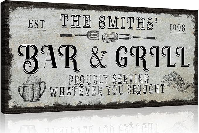 Custom Bar Sign Canvas Wall Art - Personalized Rustic Beer & Griller Decor for Man Cave, Kitchen, Pub & Diner - 60x30in Printable Home Decor | Perfect for Bars, Restaurants, and Home Entertaining Spaces