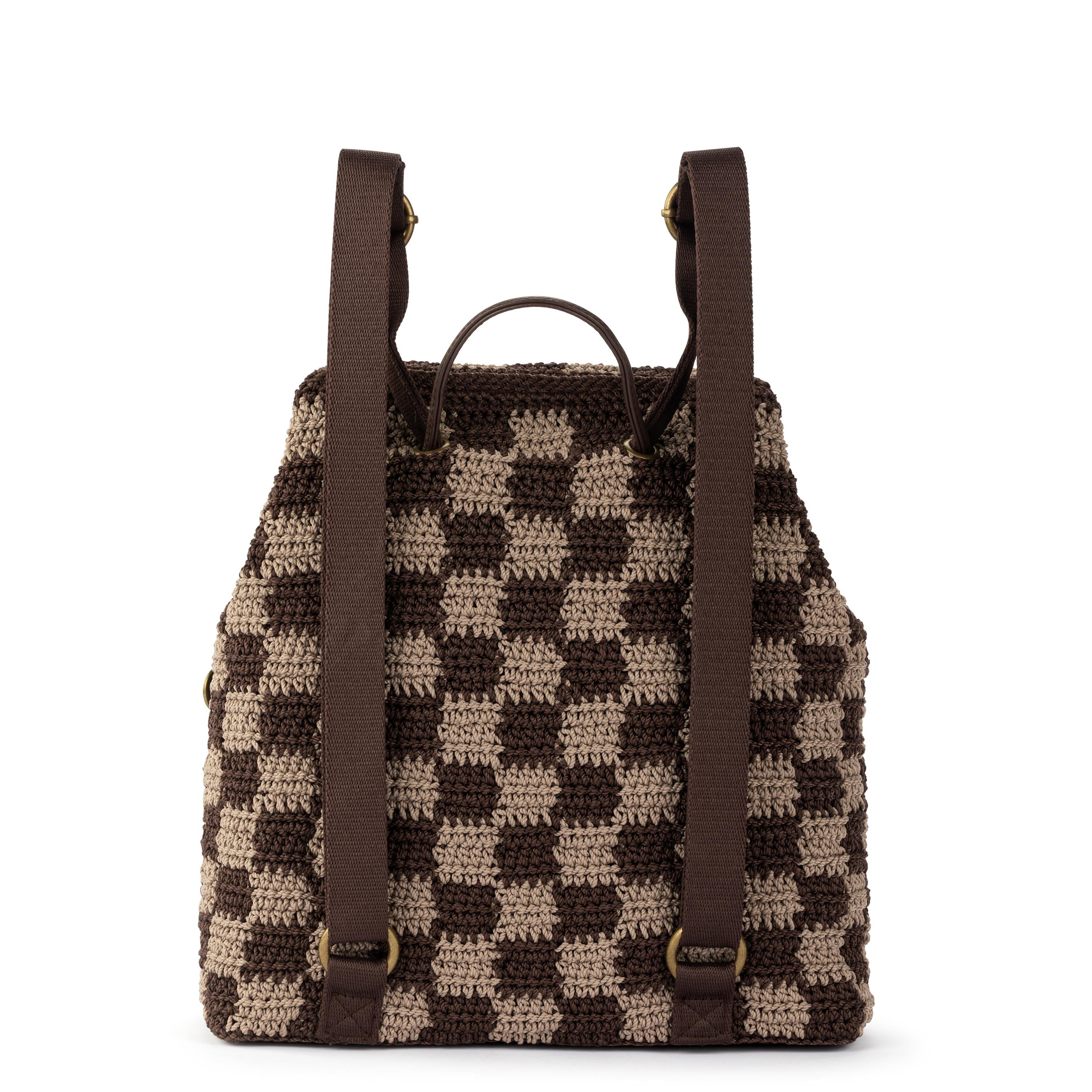 Handmade Crochet Sayulita Backpack - Brown Checkered Bohemian Style Bag for Beach, Travel & Festival Use