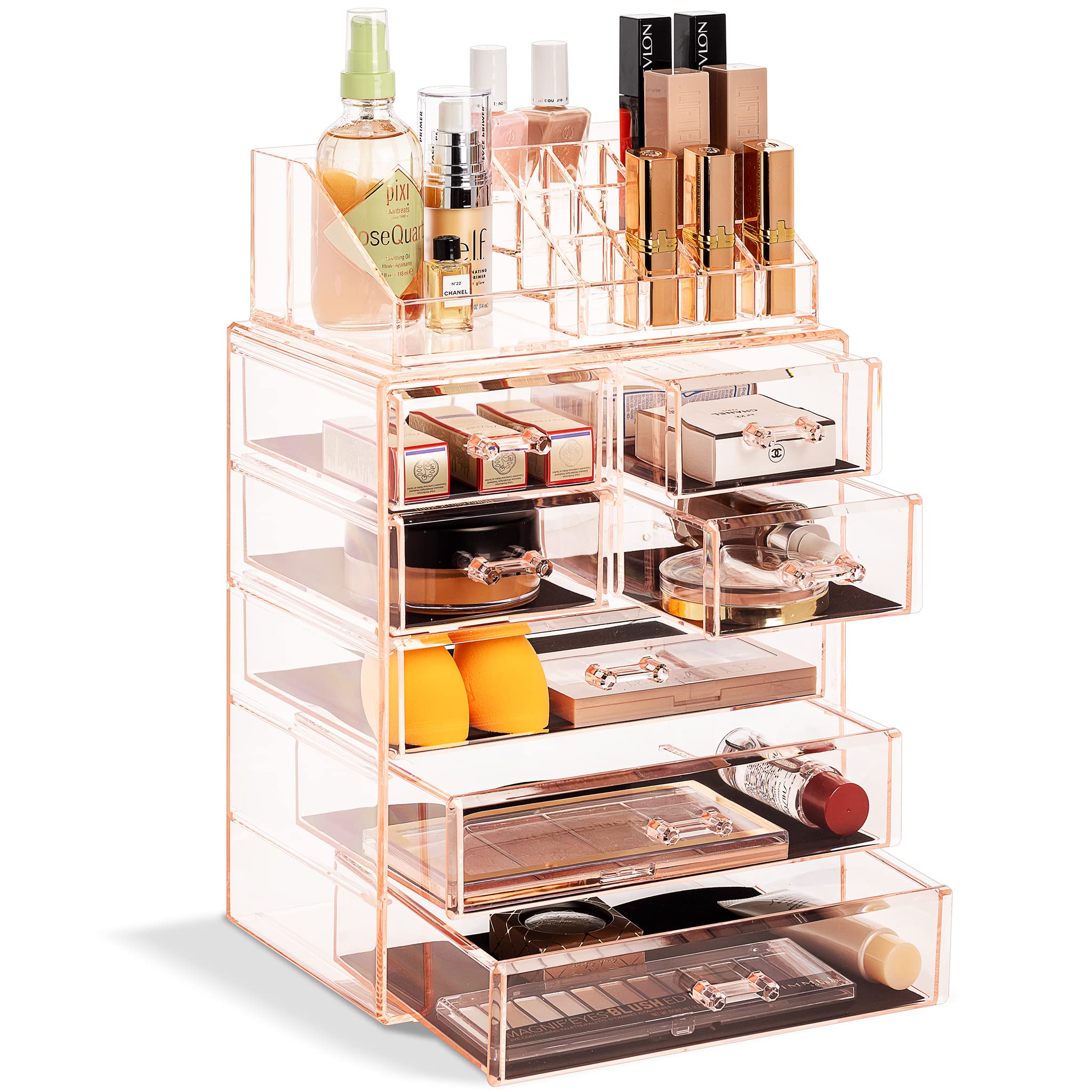 Sorbus Clear Acrylic Makeup Organizer with 3 Large & 4 Small Drawers - Cosmetic & Jewelry Storage Case for Dresser, Vanity, Bathroom Countertop - Pink Beauty Display Box (Perfect for Organizing Lipsticks, Brushes, Earrings & Rings)