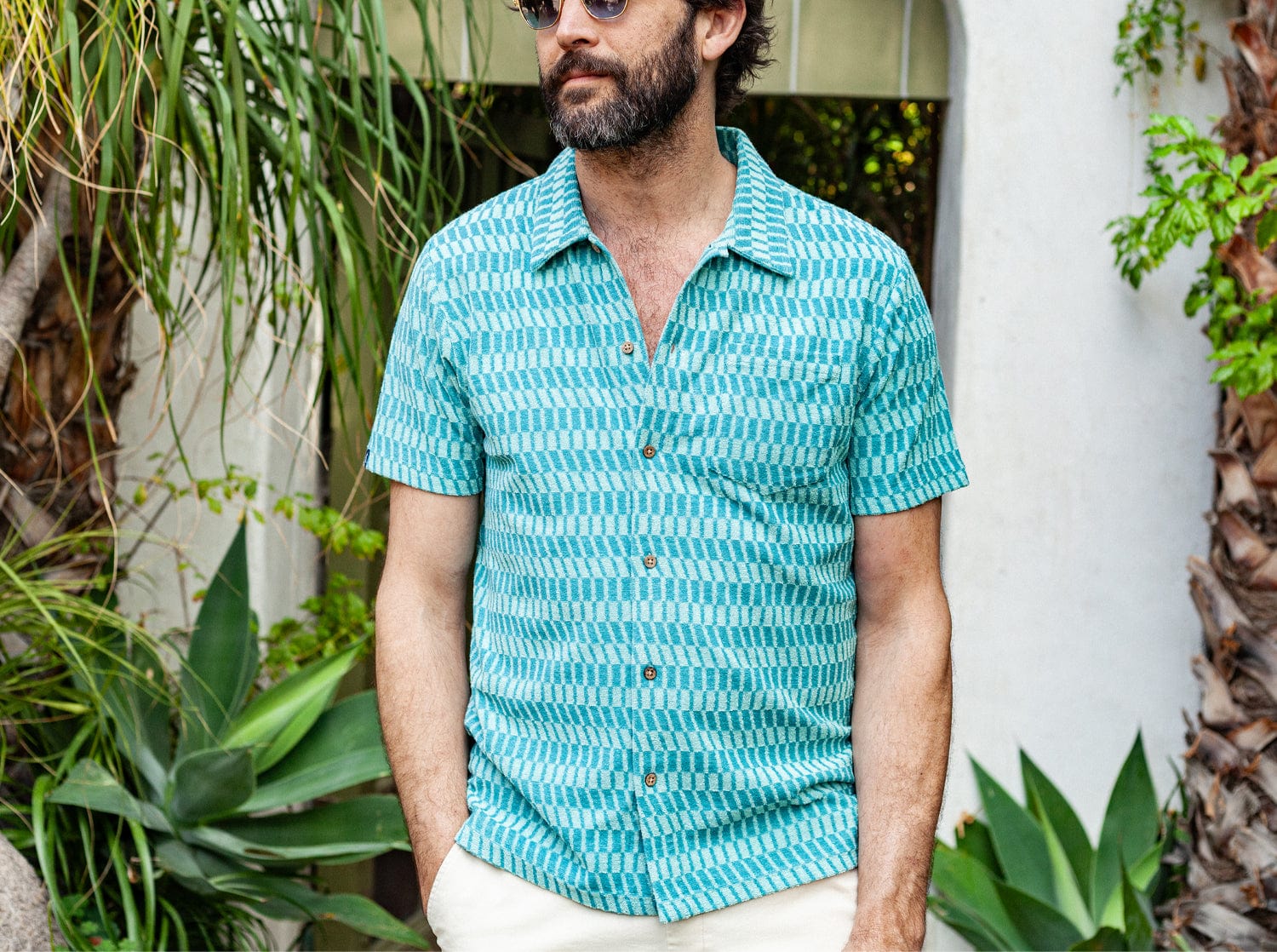 Terrycloth Button Down Shirt - Check Jacquard Pattern in Jade Green | Casual Wear & Loungewear for Women