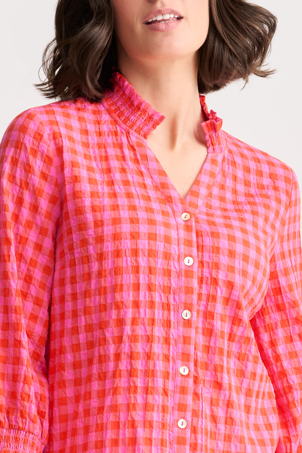 Stylish Cotton Crinkle Shirt for Women - Pink & Orange Gingham Pattern - Perfect for Casual Wear, Summer Outfits & Beach Vacations