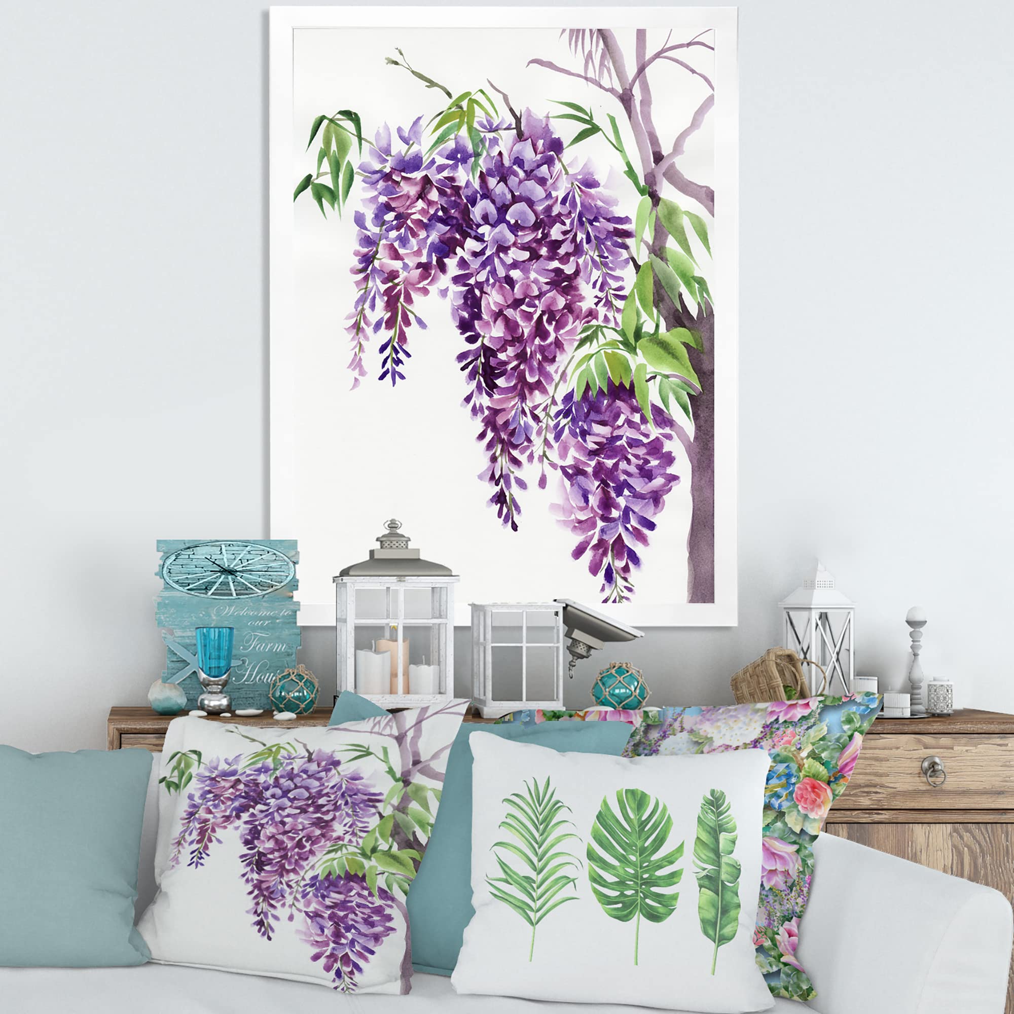 Purple Wisteria Branches Framed Wall Art - Traditional Floral Home Decor for Living Room, Bedroom & Office