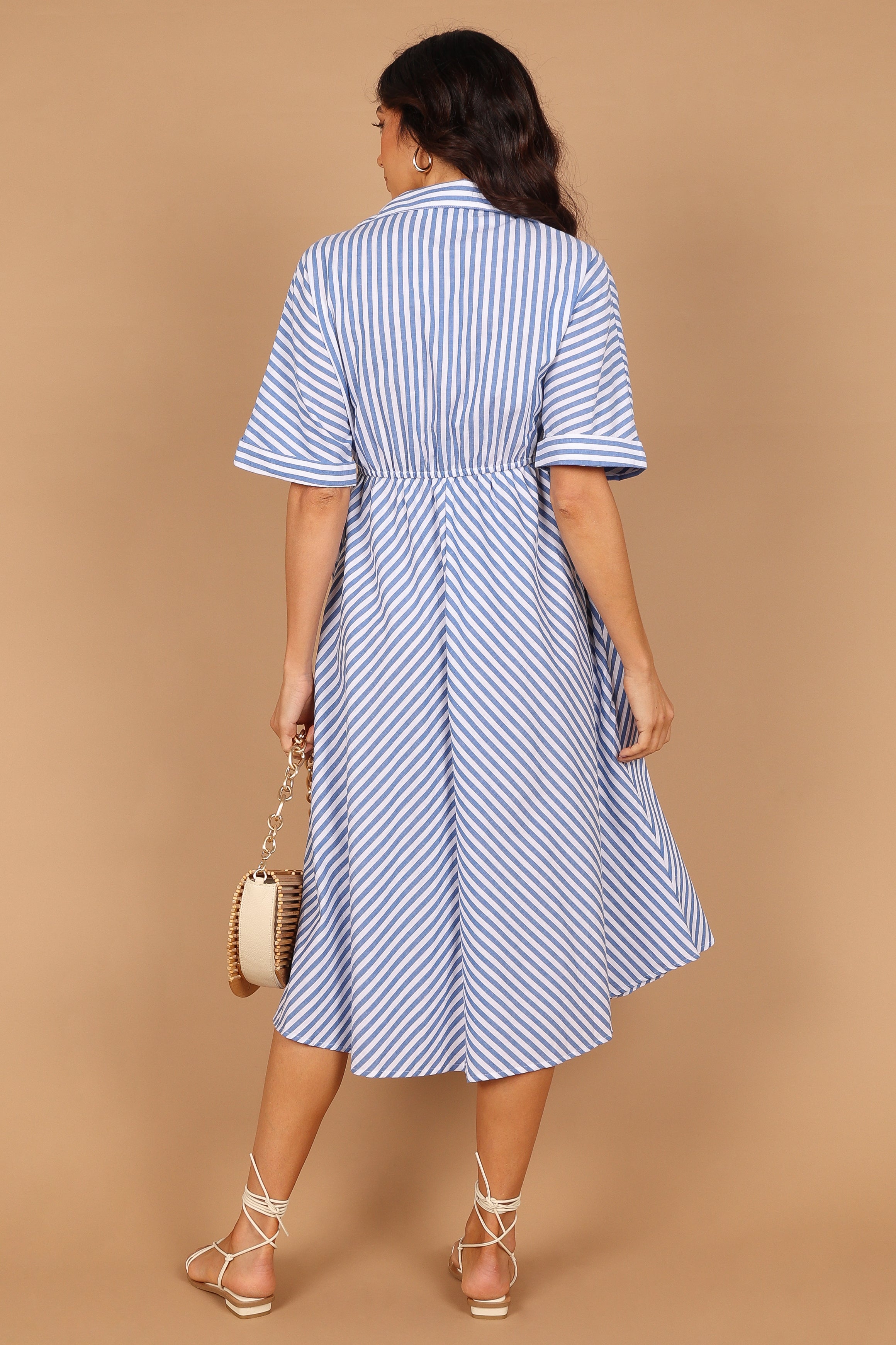 Finn Collared Midi Dress - Blue Stripe Floral Print Women's Casual Summer Dress for Office, Date Night & Outdoor Events