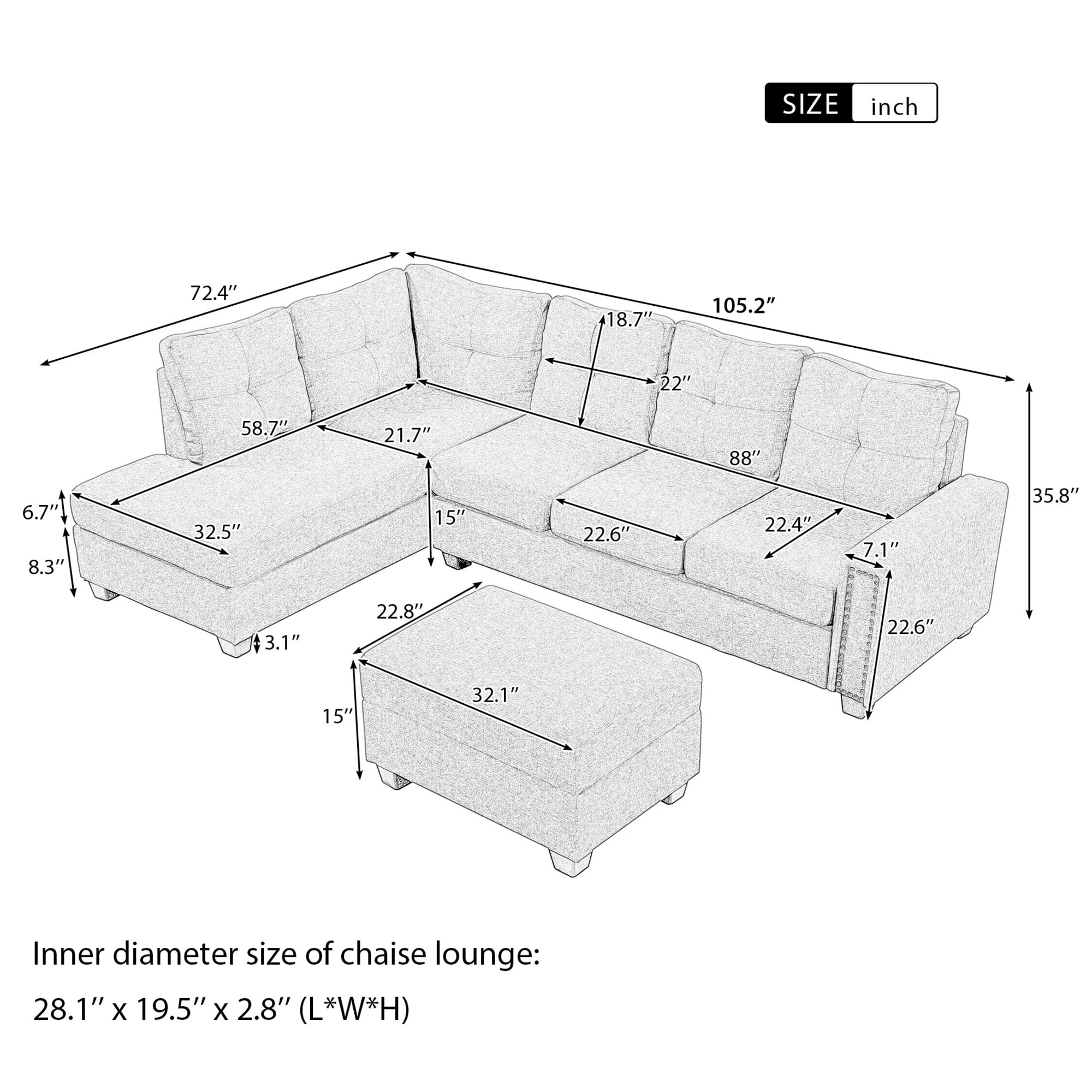 P PURLOVE L-Shaped Sectional Sofa with Reversible Chaise Lounge, Storage Ottoman & Cup Holders - Modern Living Room Furniture Set with Nail Head Trim in Light Gray | Perfect for Small Spaces, Apartments & Cozy Home Decor