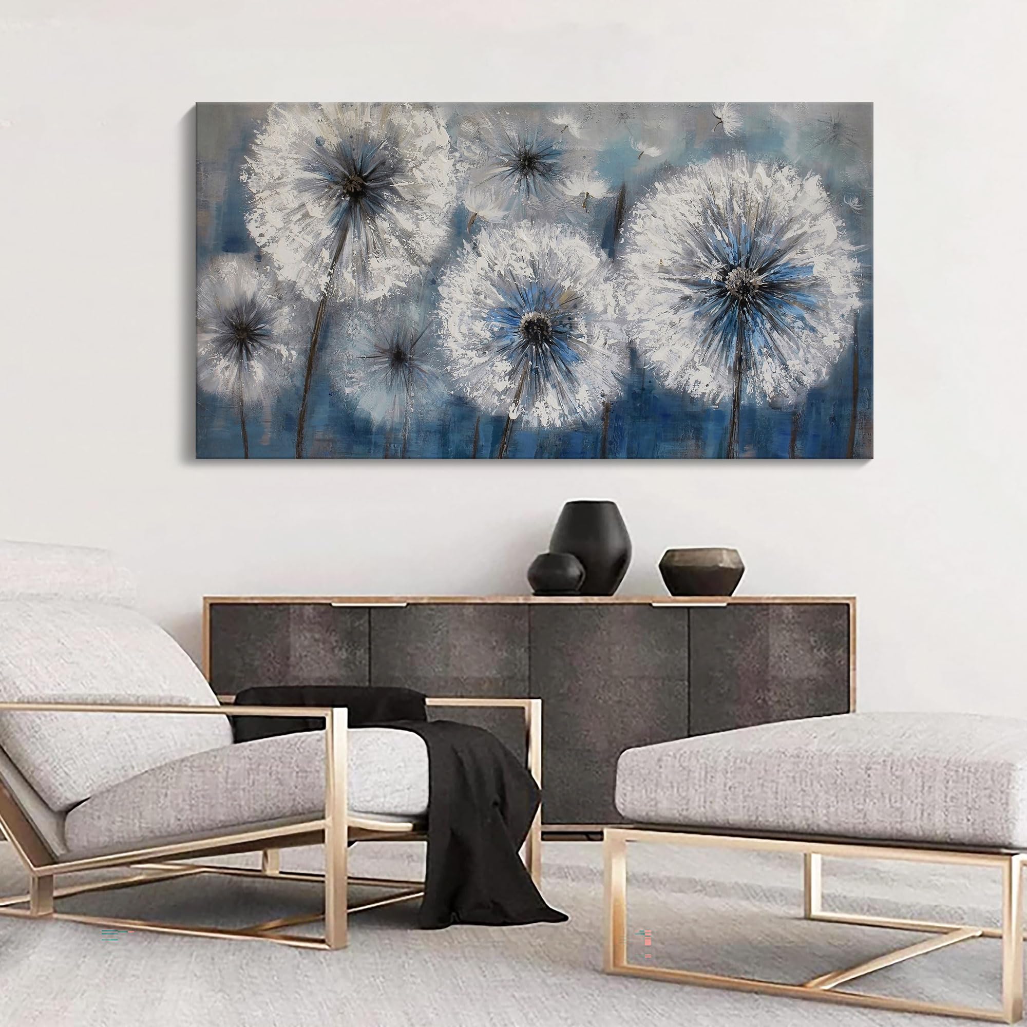 Blue Dandelion Canvas Wall Art - Large 29x58 Inch Framed Modern Flower Painting for Living Room & Bedroom Decor - Perfect Above Bed or Sofa for Home & Office