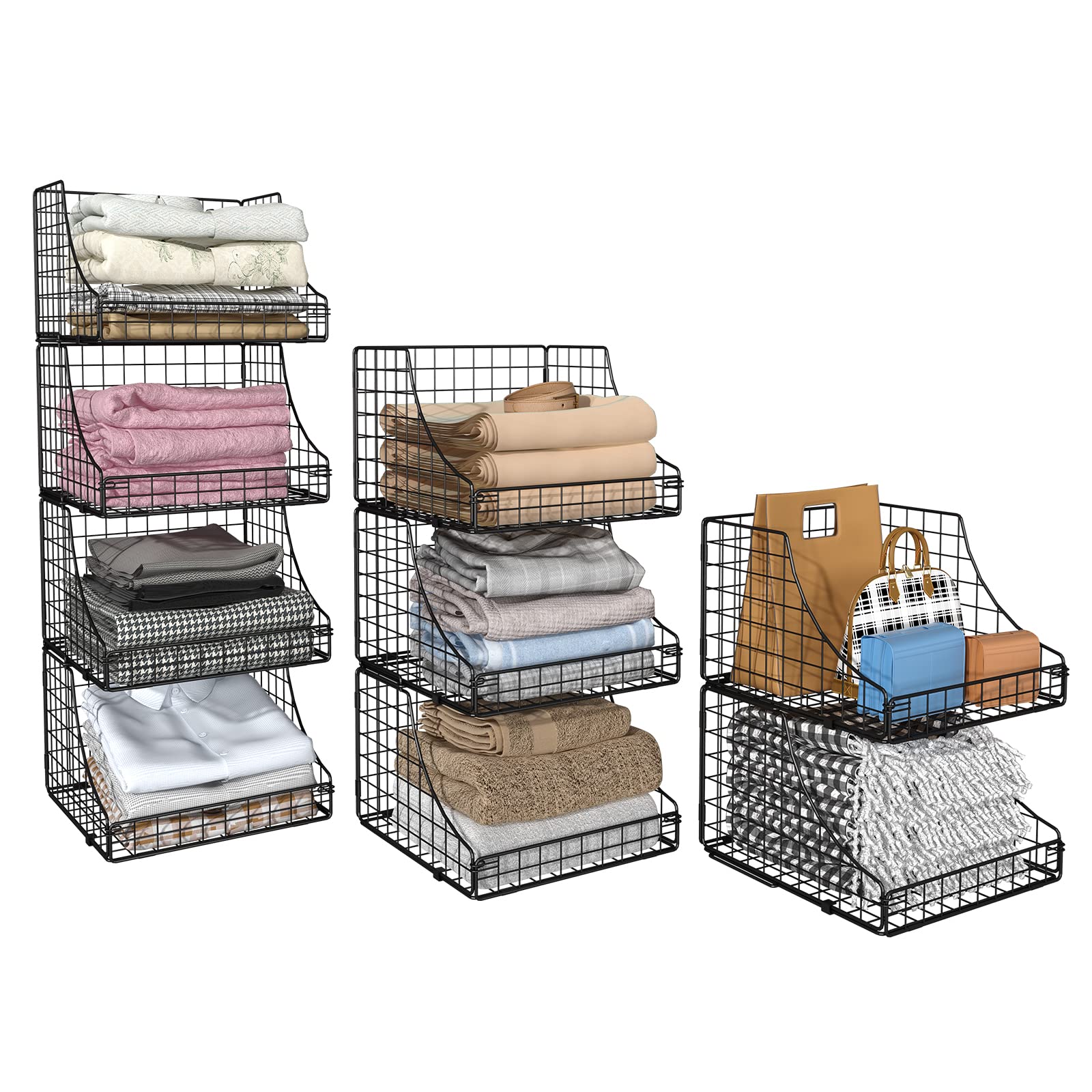 4-Pack Stackable Metal Wire Baskets - Rustic Black Storage Bins for Closet, Pantry & Kids Room Organization - Perfect for Clothes, Toys, Books & Snacks Storage - Space-Saving Home & Office Organizer Solution