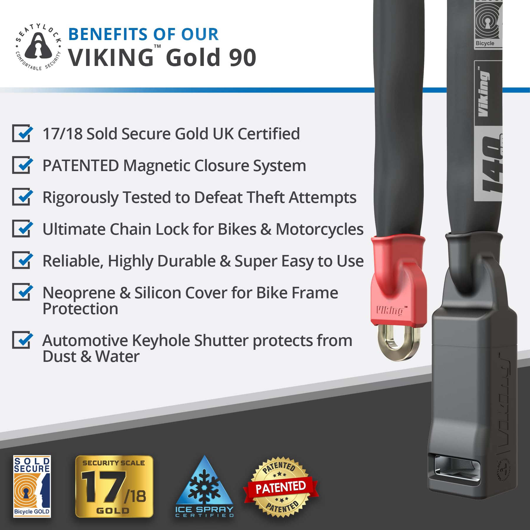 Seatylock Viking Heavy Duty Bike Lock Chain with Key - Patented Motorcycle & Bicycle Anti-Theft Lock Sold Secure Gold Certified - 35.4 Inch Ultra Secure Bicycle Chain Lock for Maximum Protection - Ideal for Urban Commuting, Bike Parking & Outdoor Adventures