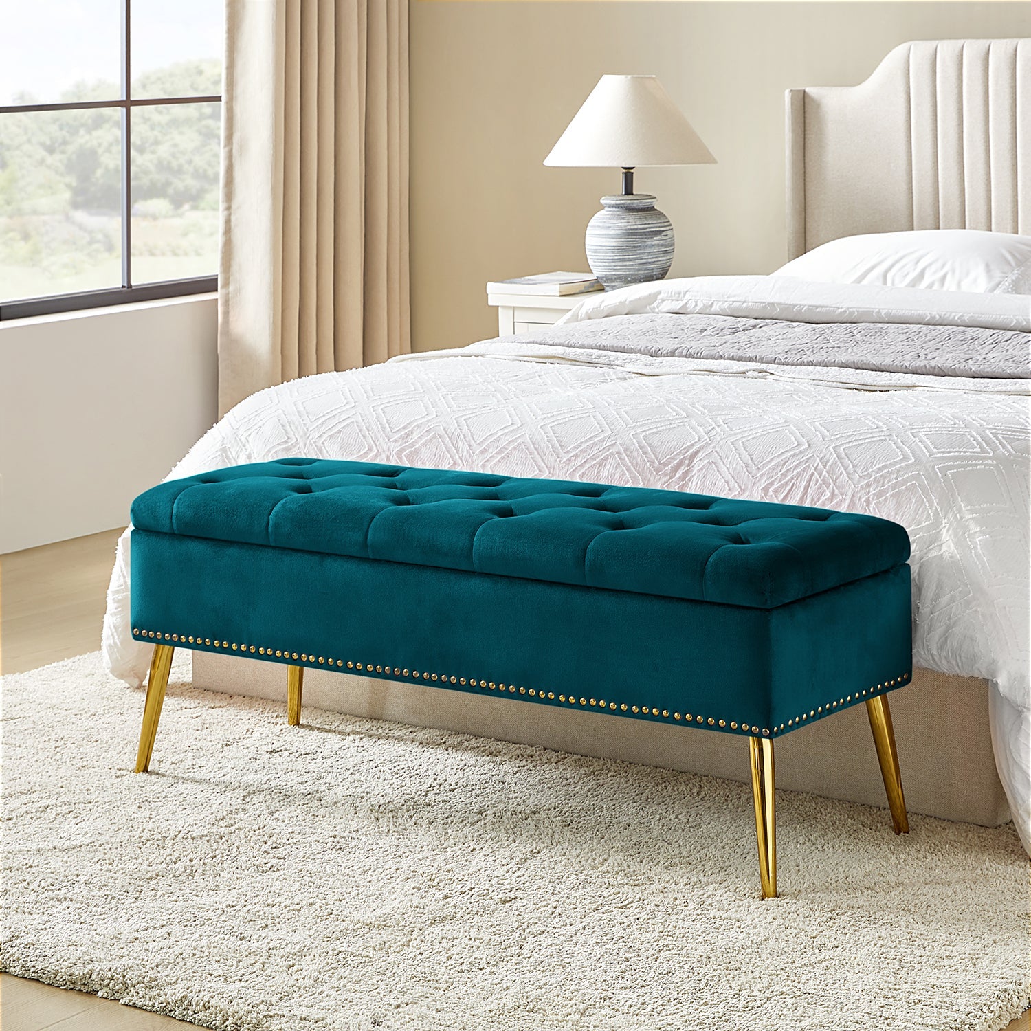 Lenore Upholstered Storage Bench with Cushion Seat - Modern Upholstered Ottoman for Bedroom, Living Room & Entryway - Multi-Functional Storage Furniture for Home Organization