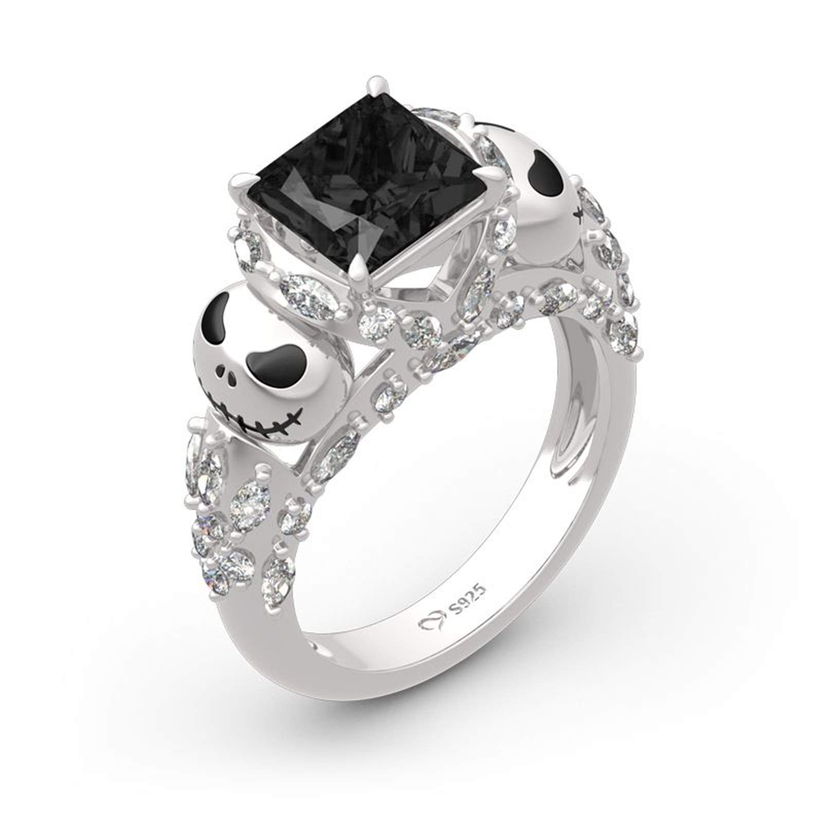Jeulia Jack and Skellington Rings for Women - Nightmare Before Christmas Inspired 925 Sterling Silver Skull Band Ring with Princess Cut - Romantic Anniversary Promise Ring for Her, Teen Girls - Perfect for Halloween, Cosplay, and Gothic Fashion