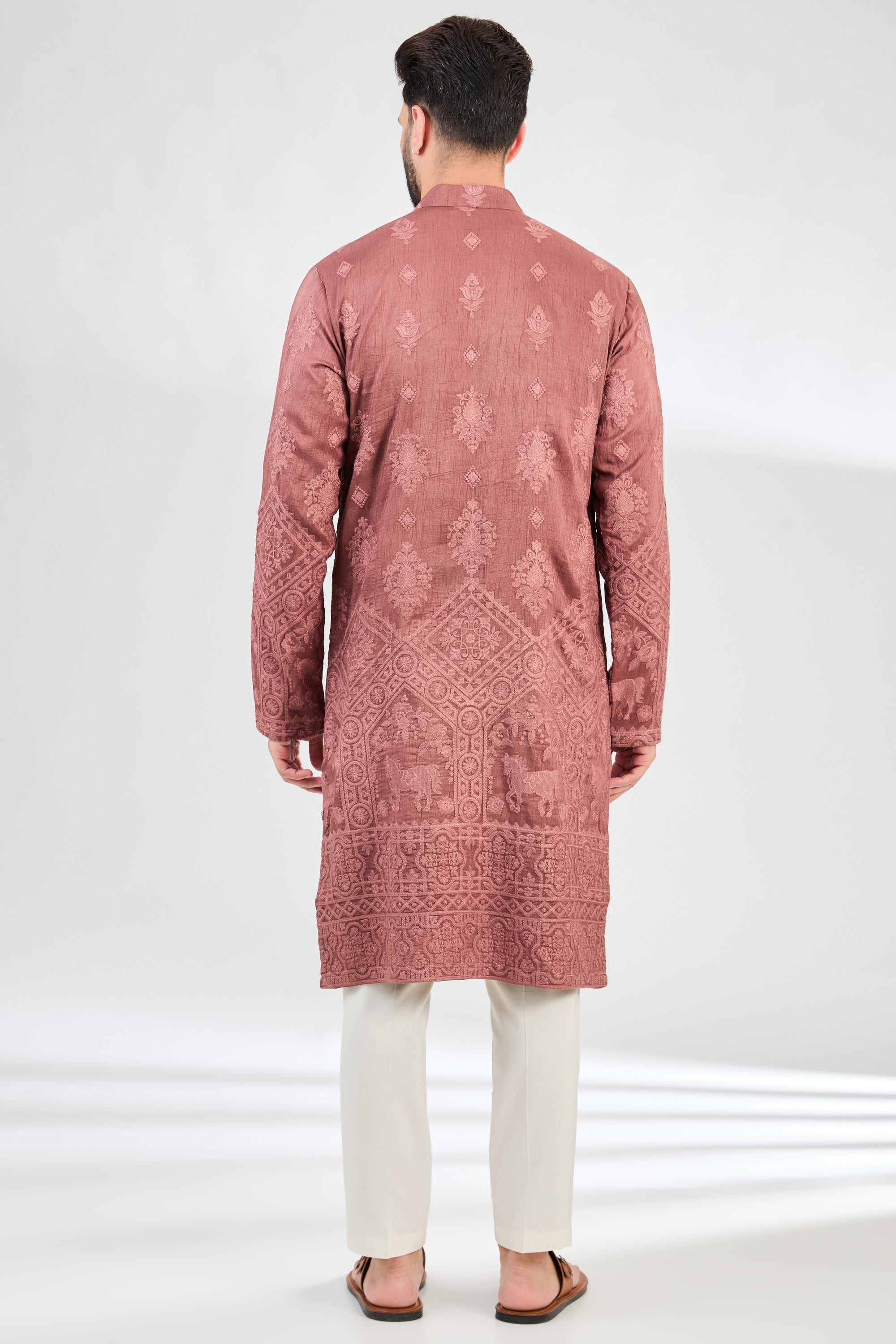 Elegant Mauve Taupe Chikankari Kurta with Intricate Horse Motifs - Perfect for Festivals, Weddings, and Ethnic Fashion