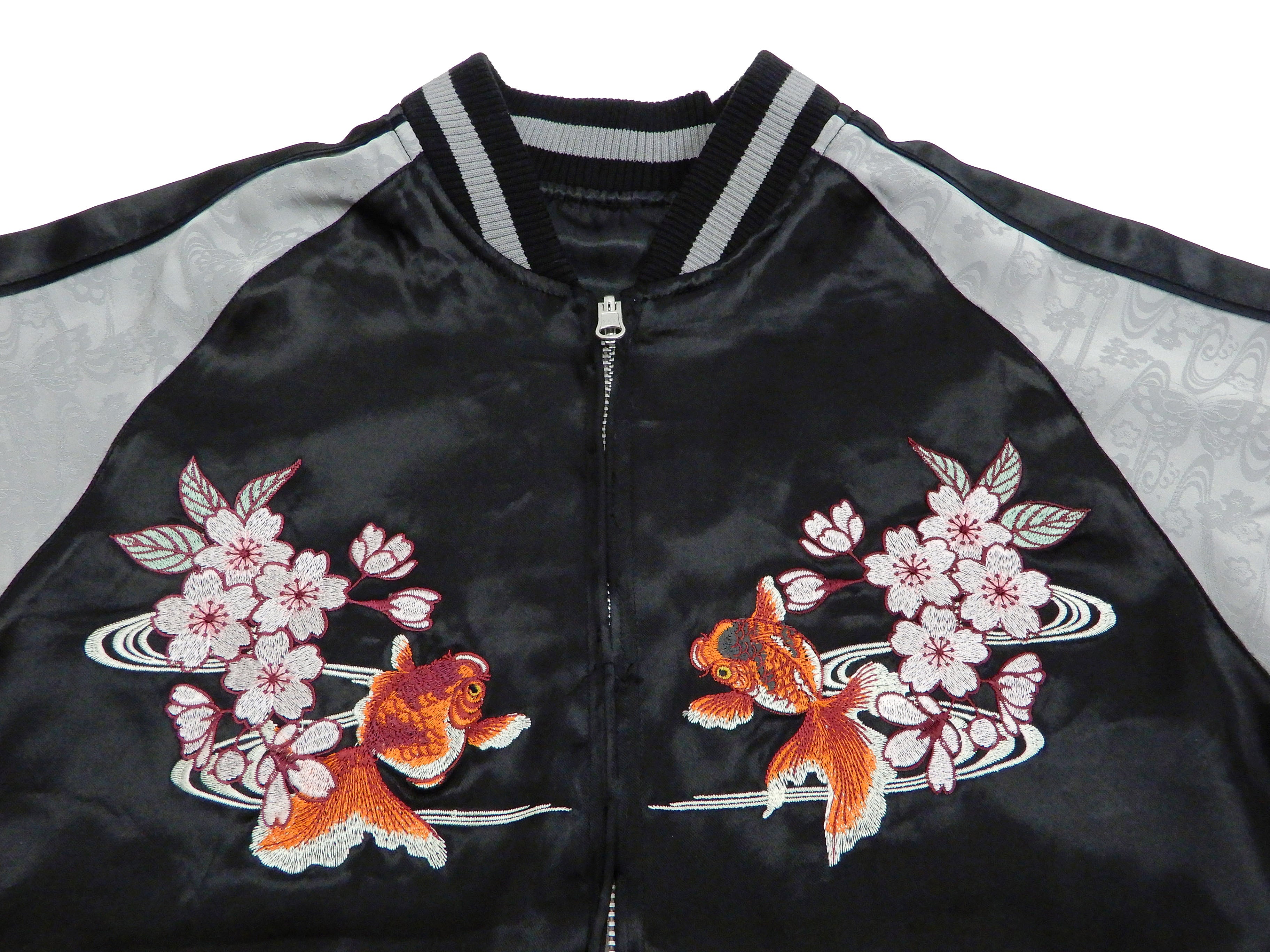 Japanese Souvenir Jacket for Men - Goldfish Embroidery Sukajan Bomber Jacket (Black/Gray) | Vintage Asian Streetwear | Perfect for Cosplay, Anime Conventions & Urban Fashion