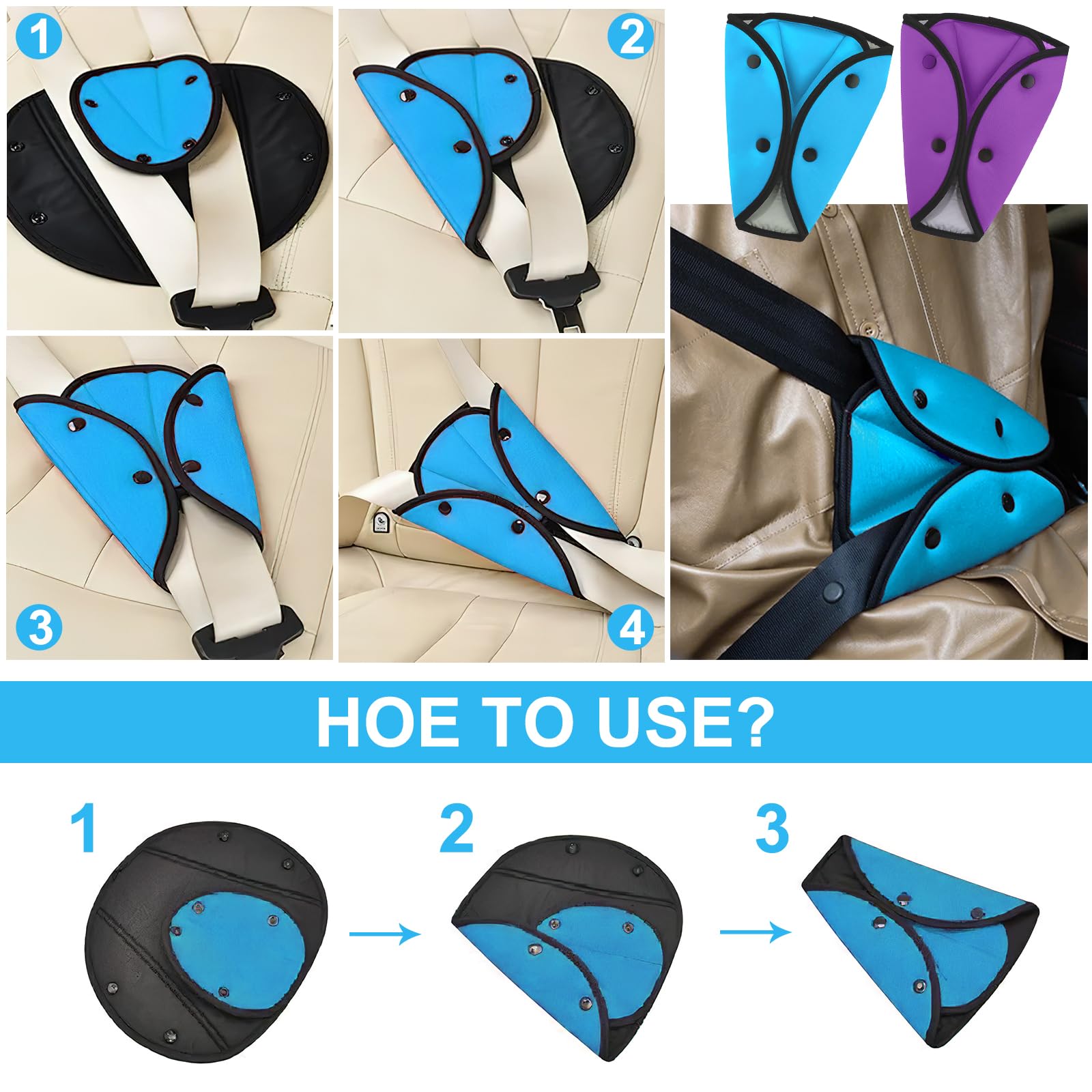 2 Pack Car Seat Belt Adjuster for Kids - Shoulder Pad & Triangle Positioner - Universal Fit for Baby, Toddler, Child & Adult - Soft Safety Belt Cover Protector (Purple & Blue) - Perfect for Road Trips & School Runs