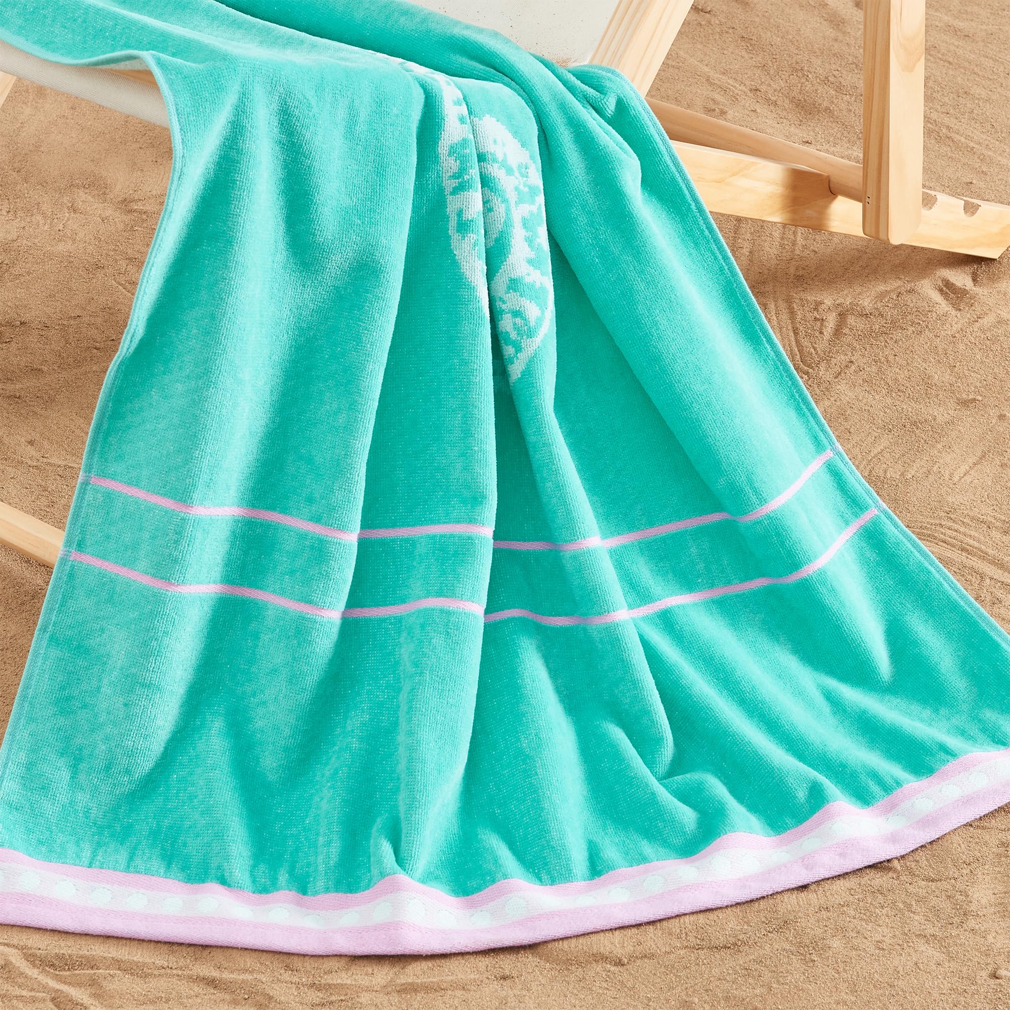 Great Bay Home 100% Cotton Beach Towels - 2 Pack 30x60 Inches, Super Absorbent & Quick Dry, Soft Pool Towels for Adults & Kids (Seahorse Green/Pink) - Perfect for Beach, Pool, Gym & Travel