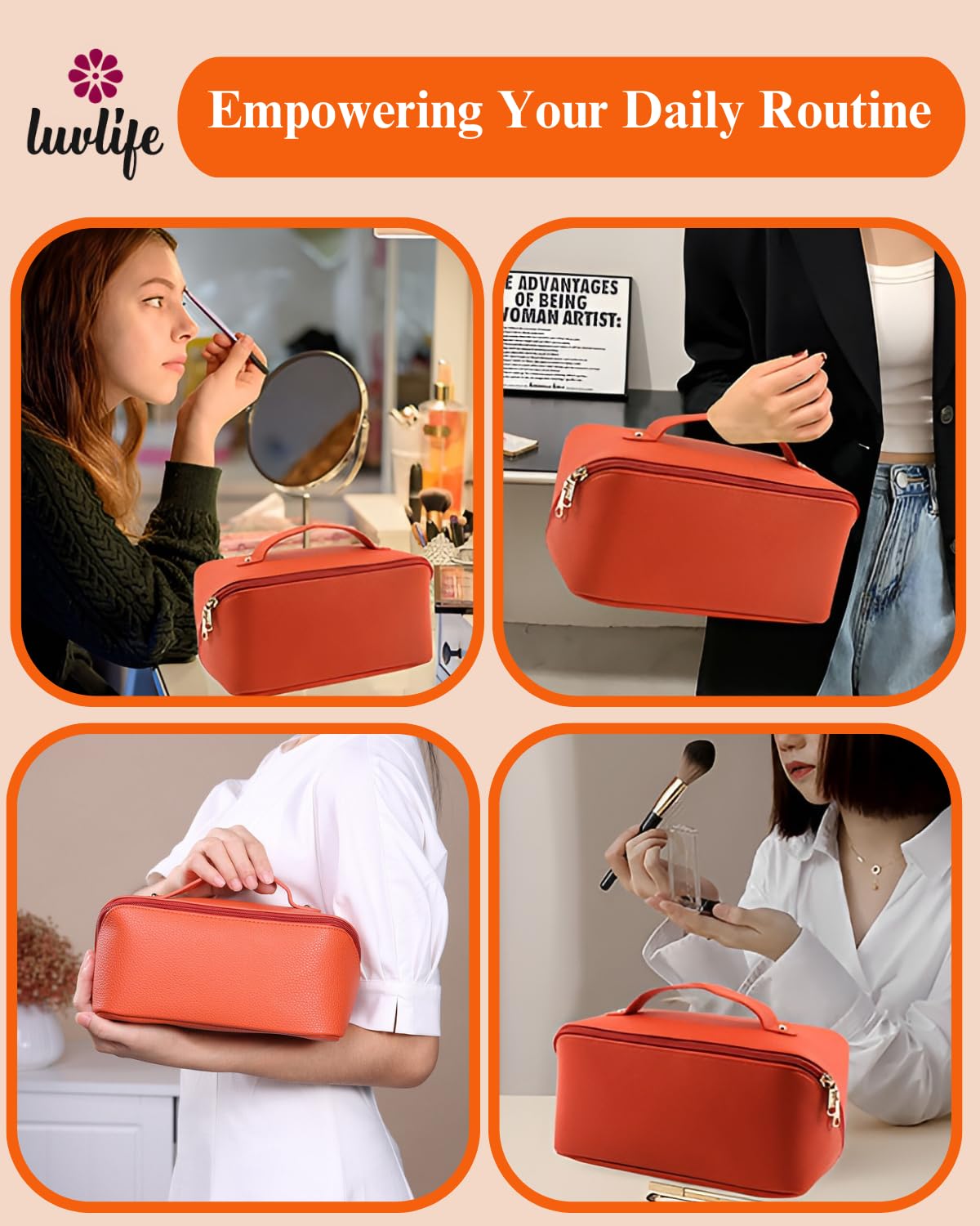 LuvLife Large Capacity Vegan Leather Cosmetic Travel Bag for Women & Girls - Portable Makeup Pouch with Wide Opening, Handle & Divider - Perfect for Toiletries Storage (12cm, Orange) - Includes Free E-Book - Ideal for Travel, Gym & Everyday Use