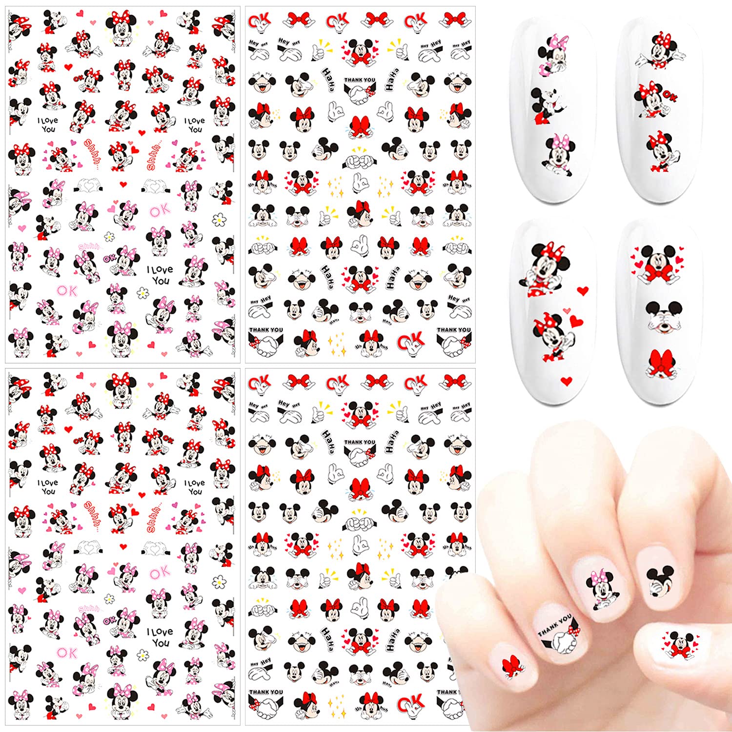 3D Cartoon Nail Art Stickers - Self Adhesive Cute Nail Decals for DIY Nail Designs - 4 Sheets for Girls, Women & Kids - Perfect for Parties, Gifts & Home Manicures