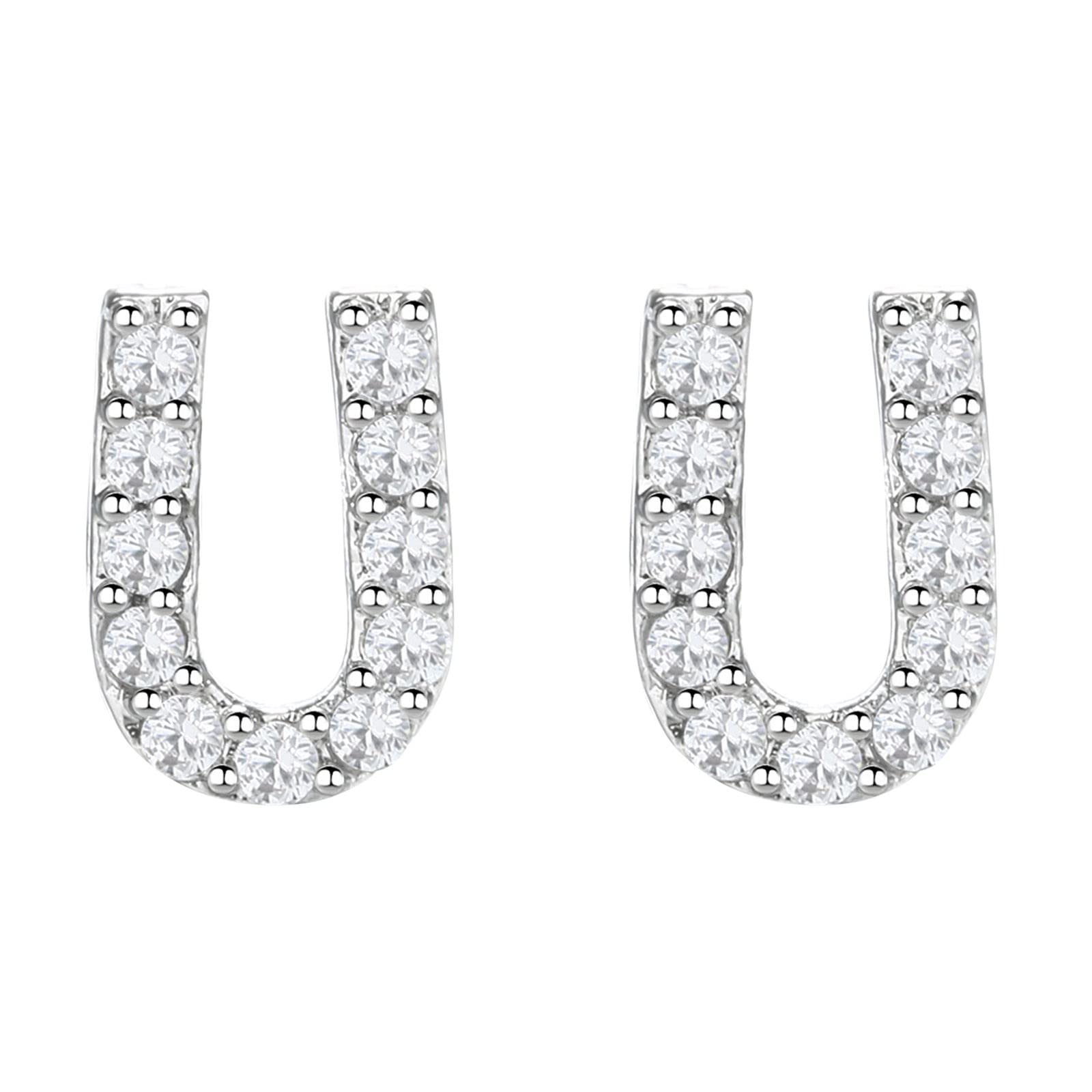 Diamond Stud Earrings for Women - 26 Silver Alphabet Letter Hoop Earrings (U, One Size) | Funky Fashion Jewelry for Casual Wear & Gifts