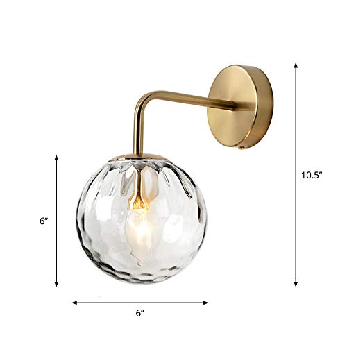LITFAD Golden Spherical Wall Lamp - Minimalist 1 Light Rippled Glass Wall Sconce, Modern LED Wall Light Fixture for Kitchen, Study, Bedroom, Foyer - Perfect for Ambient Lighting in Living Rooms and Hallways