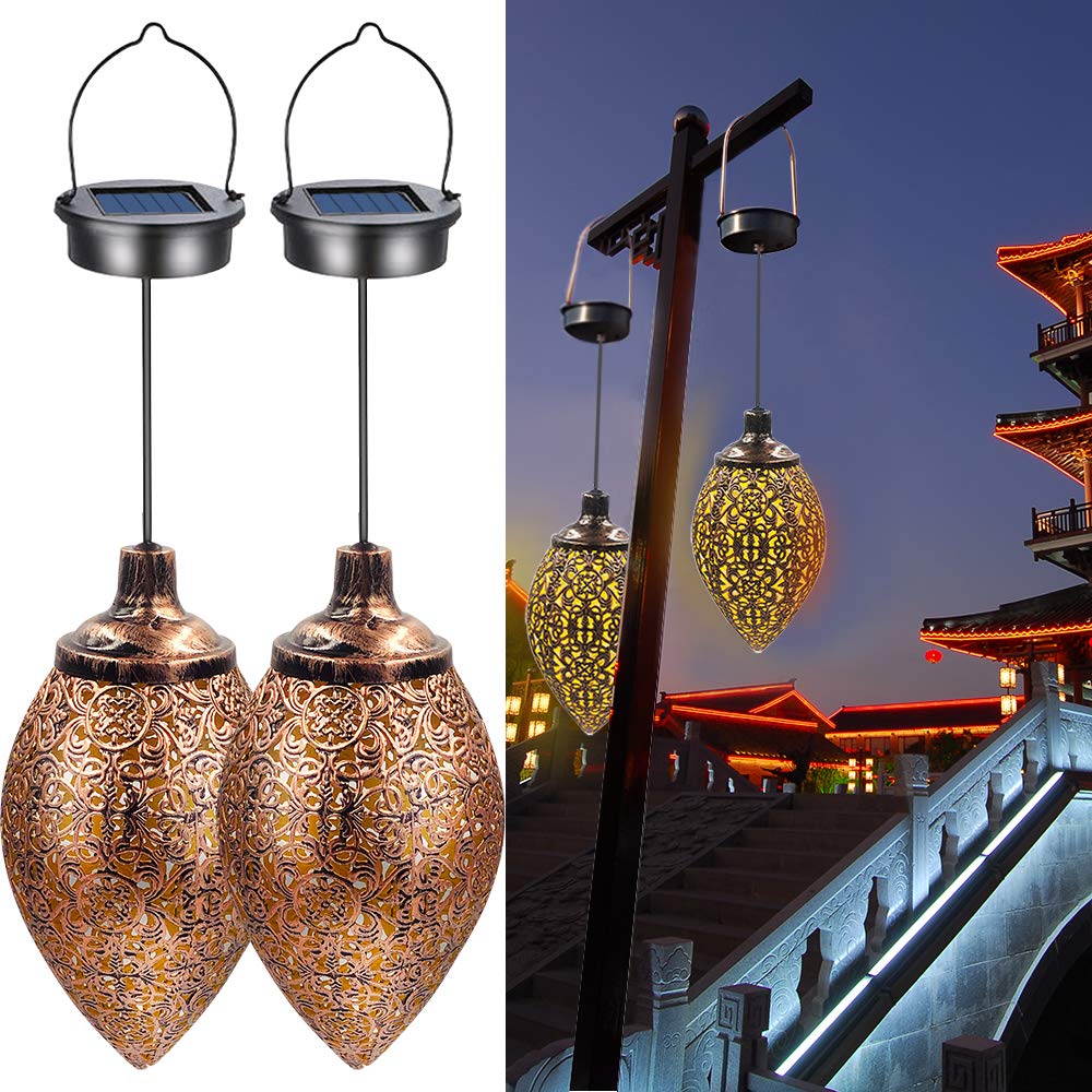 2 Pack Solar Hanging Lights - Waterproof LED Solar Lanterns for Garden, Patio, Yard - Metal Outdoor Decorative Lighting for Porch, Pathway, Backyard (Perfect for Evening Gatherings & Landscape Decor)