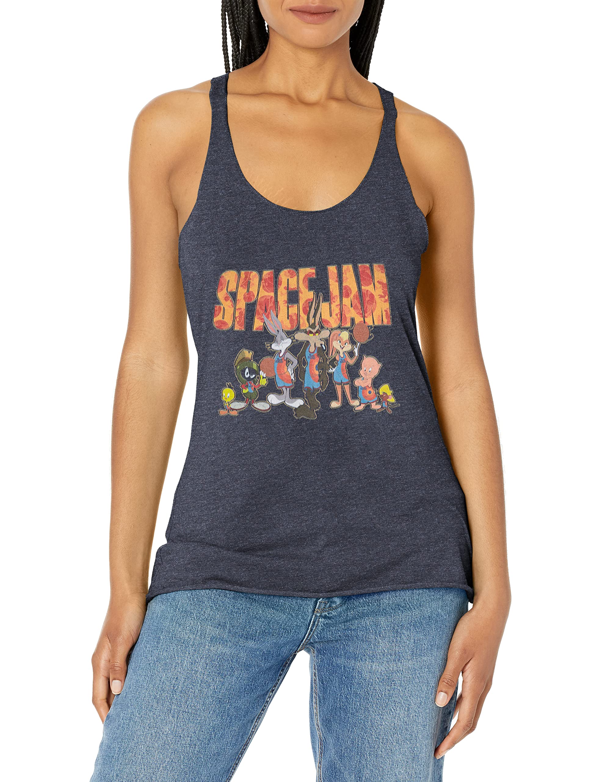 Warner Brothers Space Jam: A New Legacy Women's Racerback Tank Top - Navy Blue Heather - XS | Basketball Fan Apparel for Casual Wear & Sports Outfits