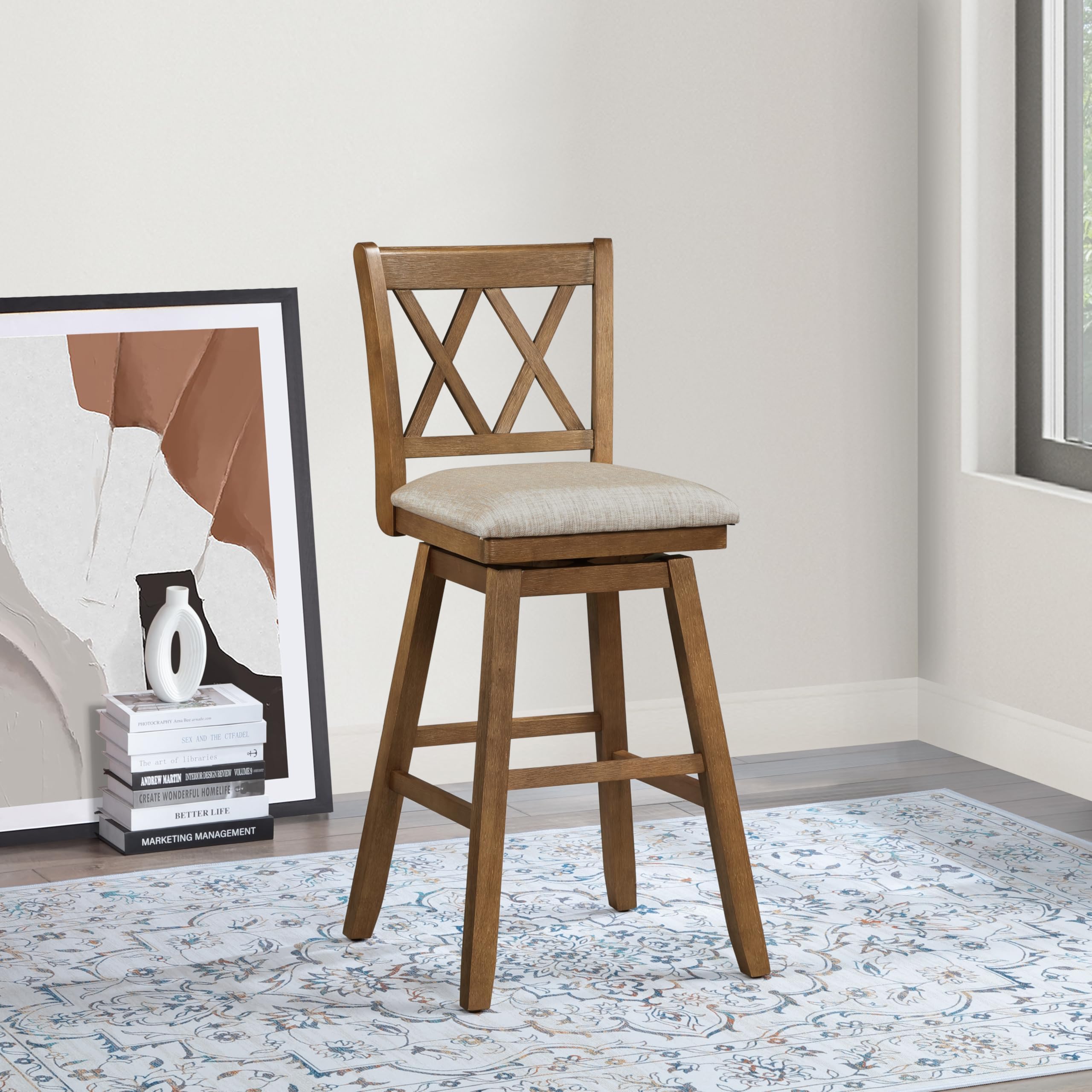 360° Swivel Bar Stool with Cushion - Rustic Farmhouse Kitchen Counter Stool, 29