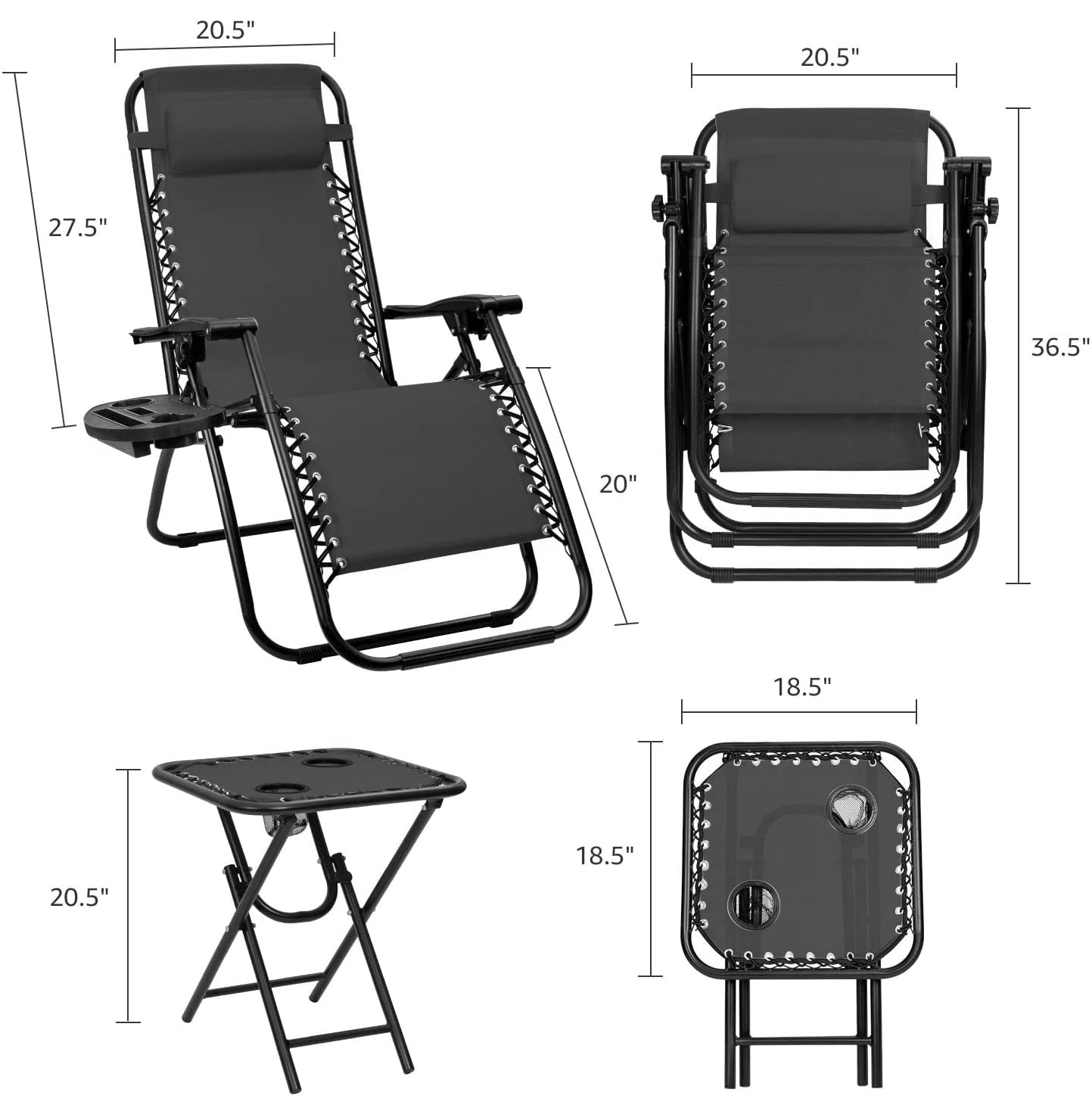 Devoko Zero Gravity Chair - Adjustable Outdoor Recliner with Side Table & Pillow, Foldable Patio Lounge Chair for Pool, Beach, Garden, and Backyard Relaxation (Black)