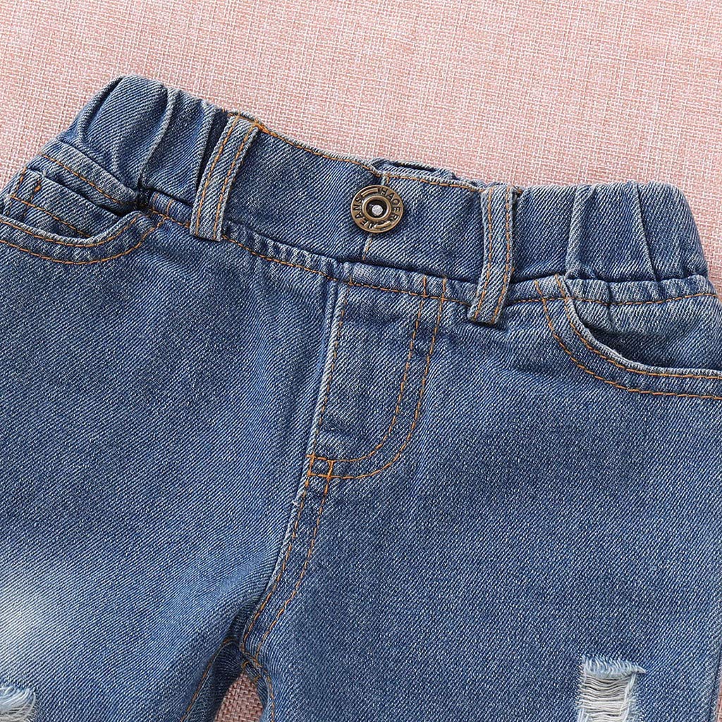 XIMIN Baby Girls Denim Outfit Set - Floral Embroidered Jean Top & Hole Kids Pants Toddler Clothes | Cute Casual Playdate & Photoshoot Outfits for Girls