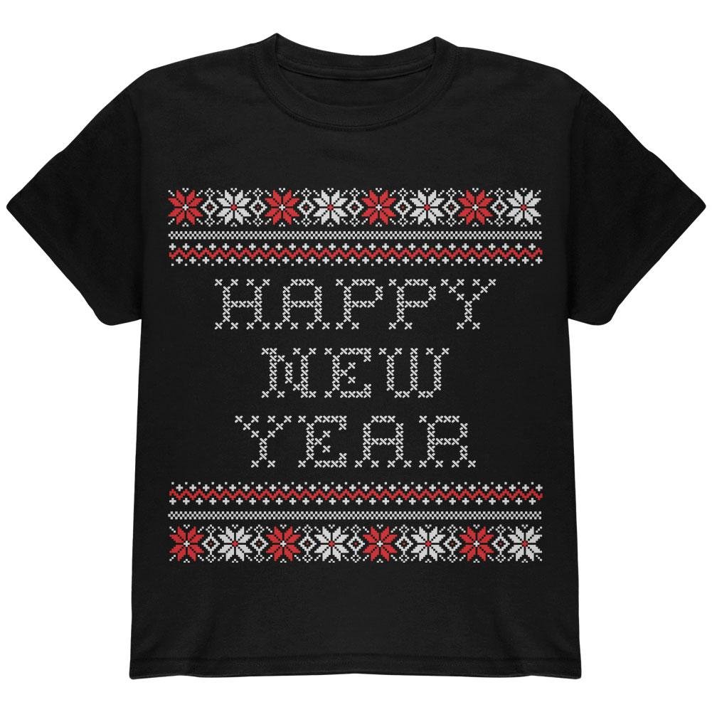 Old Glory Happy New Year Ugly Christmas Sweater Black Youth T-Shirt - Youth Large | Festive Holiday Party Outfit for Kids & Teens