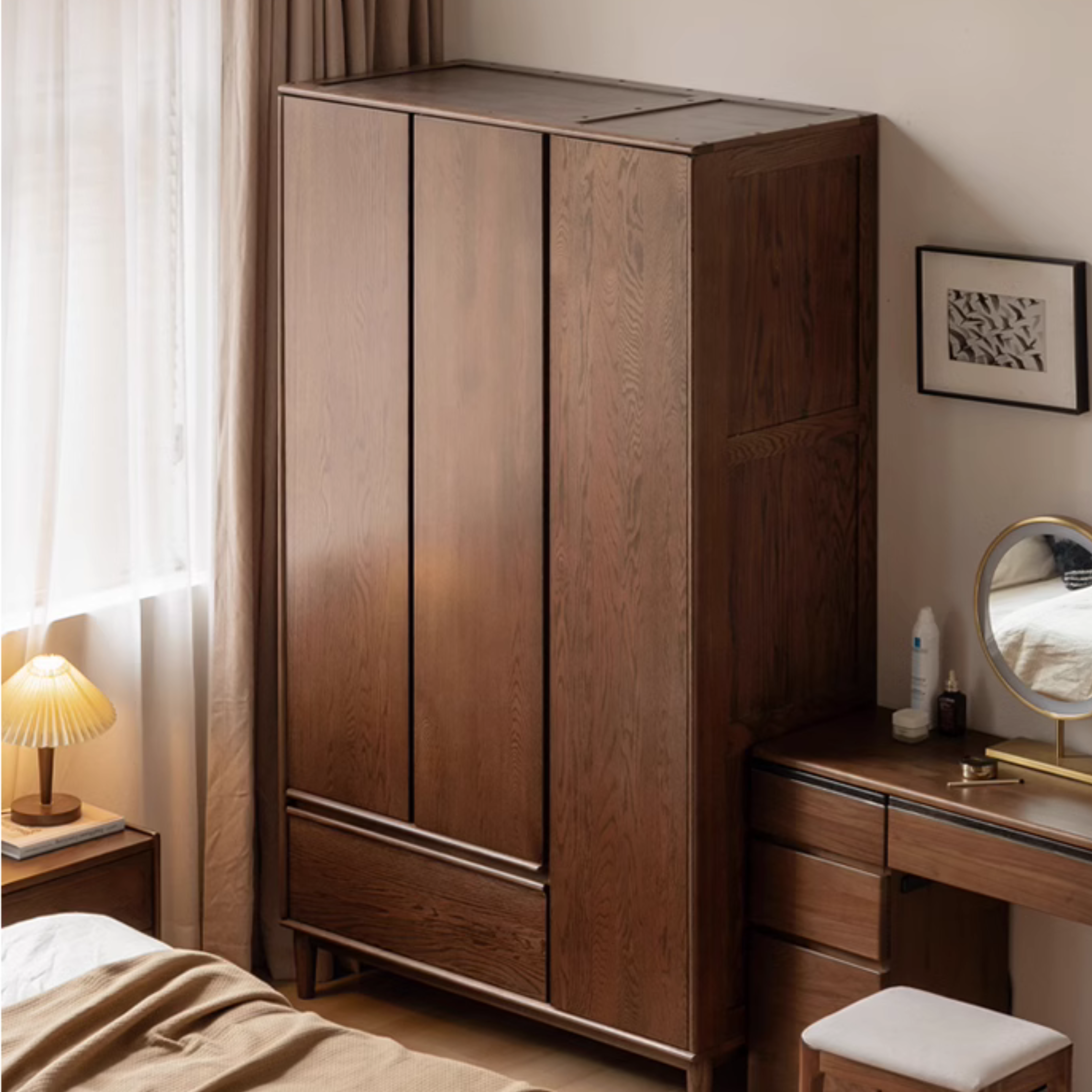 Oak Solid Wood Modern Off Floor Wardrobe - Stylish Freestanding Closet for Bedroom, Living Room & Office Storage