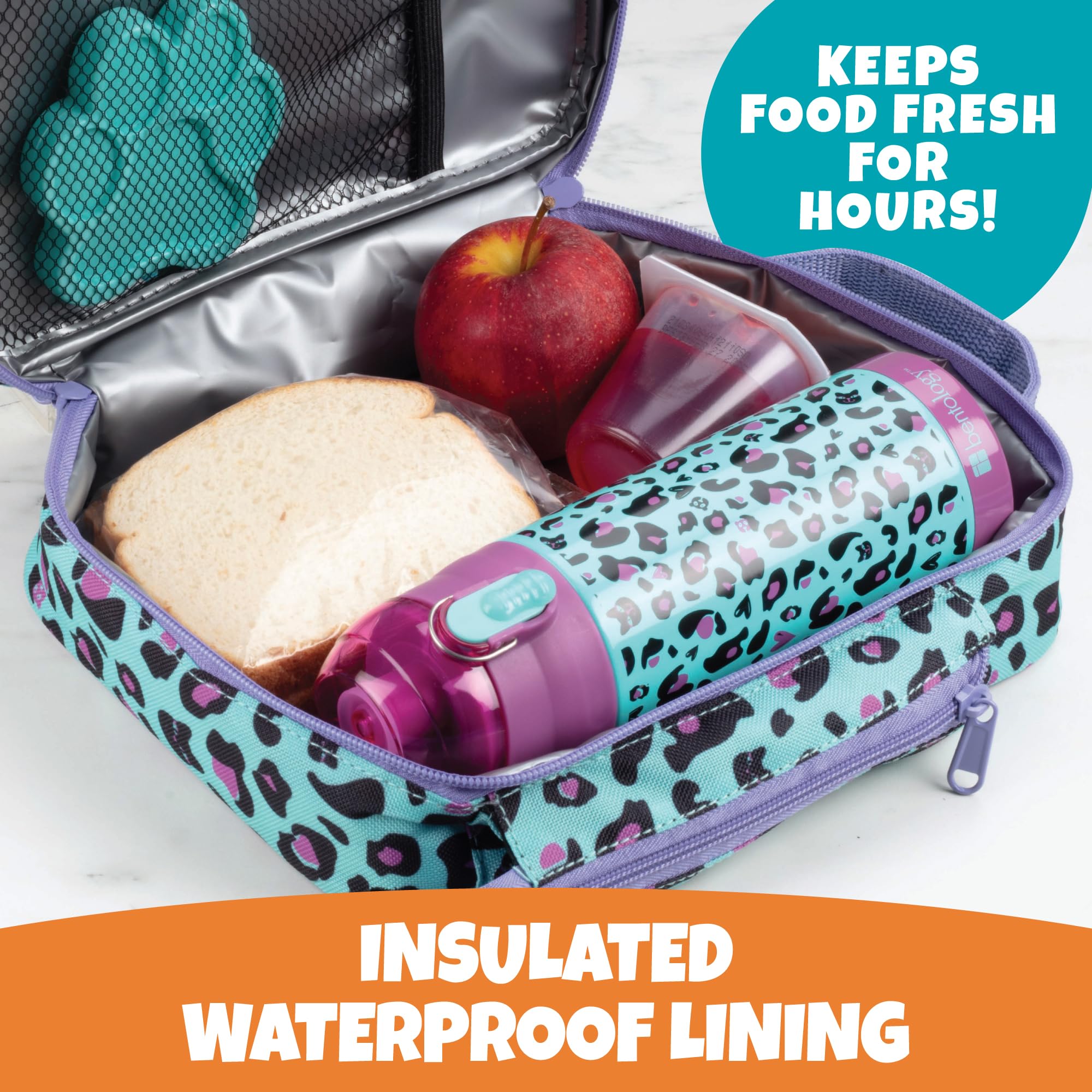 Bentology Kids Lunch Bag Set with Matching Reusable Water Bottle & Hard Ice Pack - Blue Purple Cheetah Print - Insulated Tote, Stainless Steel Thermos, Ice Pack - Back to School Lunchbox Kits for Boys & Girls - Perfect for School, Picnics, and Travel