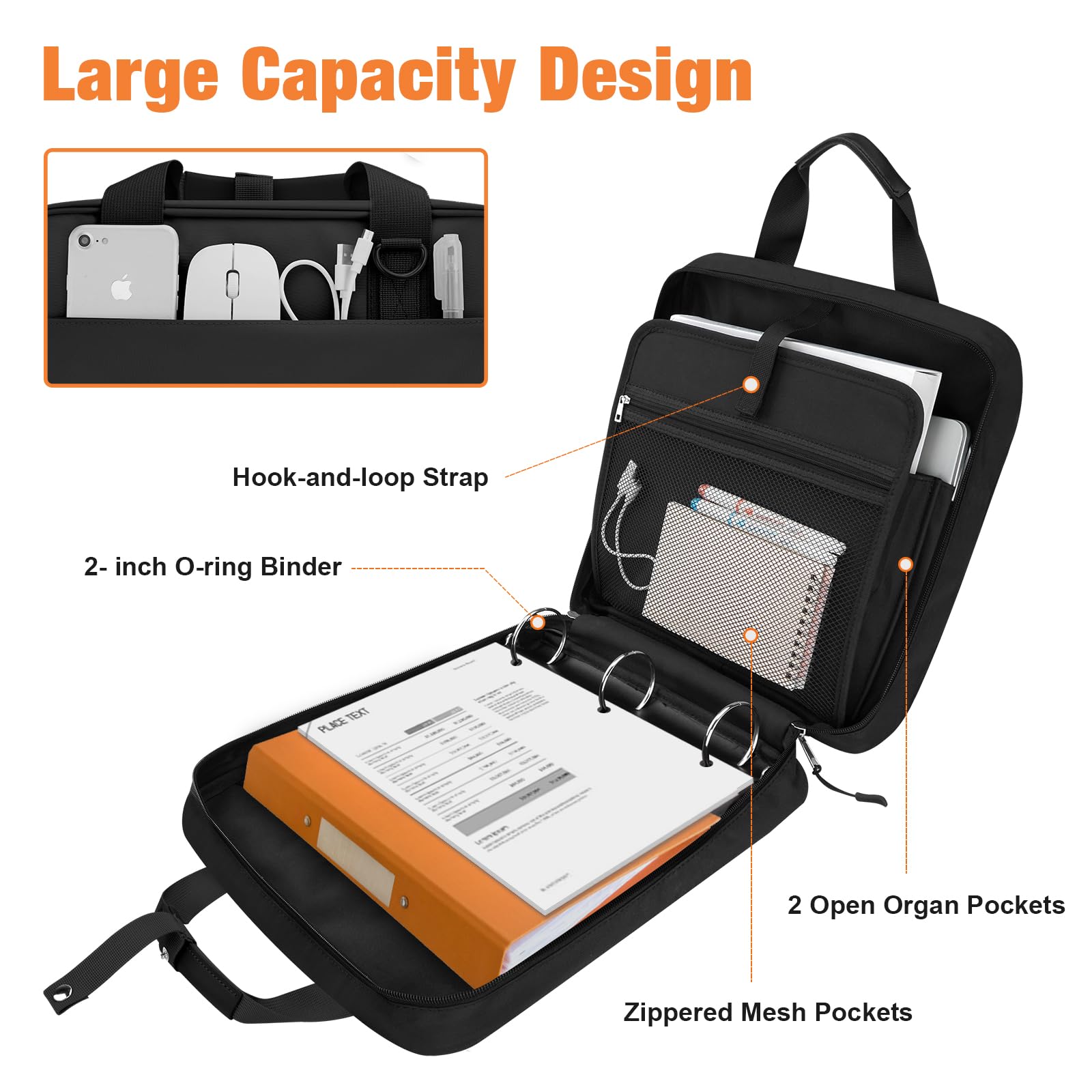 3 Ring 2 Inch Zipper Binder - 500 Sheet Capacity School Binder with Zipper Closure for Students, Teens & Kids - Compatible with 13-Inch MacBook - Includes Handle & Adjustable Shoulder Strap (Black) - Perfect for School, College, Office & Travel Organization