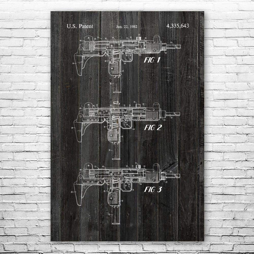 Vintage Uzi Submachine Gun Blueprint Poster - 9x12 Inch Weathered Wood Wall Art for Gun Clubs, Shooting Ranges & Firearm Collectors | Perfect Gun Decor & Collector Gift for Man Cave, Armory or Shooting Range Display