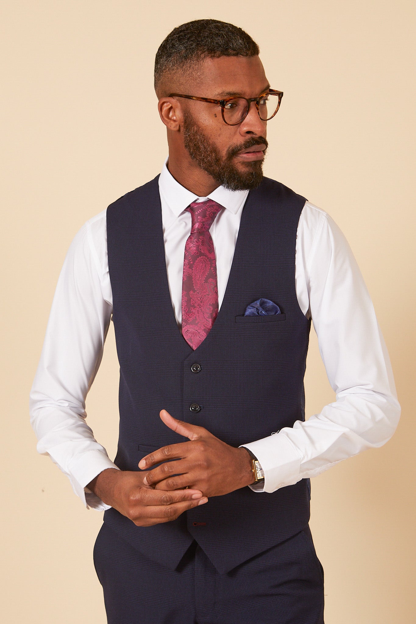 Premium BROMLEY Navy Check Three-Piece Suit for Men - Formal Business Attire & Wedding Outfit - Inspired by Danny Ings' Style - Perfect for Office, Interviews & Special Occasions