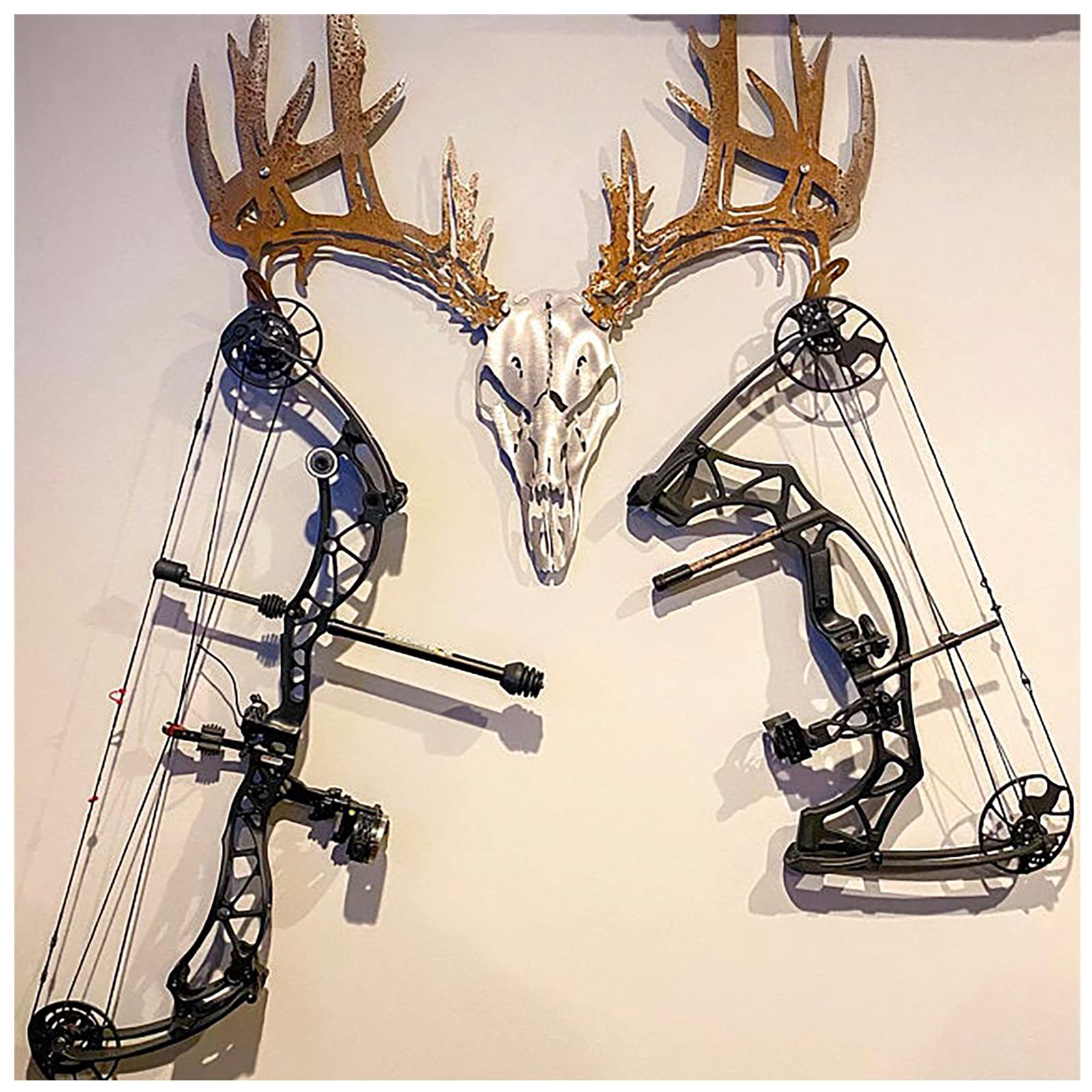 Metal Deer Skull Bow & Shotgun Wall Rack - Holds 2 Bows or Guns, Composite Hunting Gear Display Stand for Indoor Archery Equipment Storage - Easy 5-Minute Assembly (1PC) - Perfect for Hunting Cabins, Man Caves & Outdoor Enthusiast Home Decor