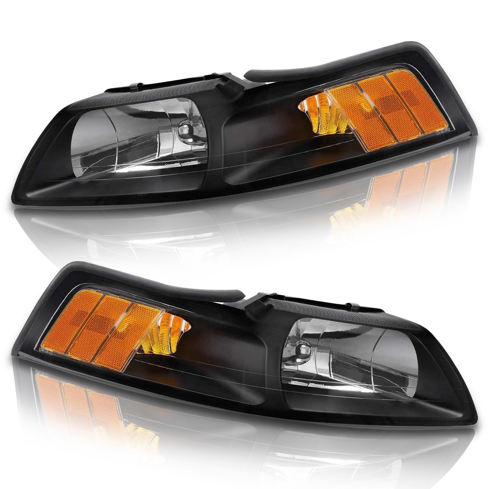 1999-2004 Ford Mustang Headlights - Black Housing with Amber Reflector (Driver & Passenger Side) | Direct Fit Replacement for Improved Night Visibility | Perfect for Street Racing & Car Shows