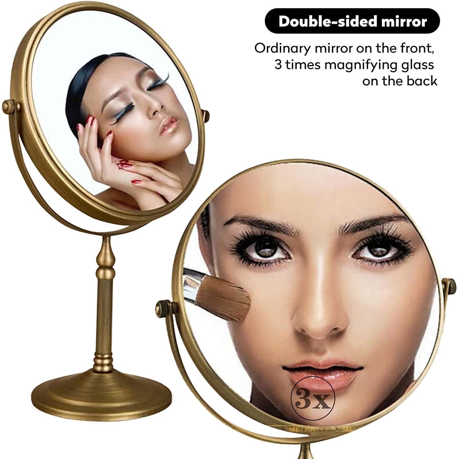 Antique Brass Makeup Mirror with 3X Magnification - 7.8 Inch Double-Sided Vanity Mirror for Bathroom & Dressing Table - Perfect for Makeup Application, Skincare, and Grooming
