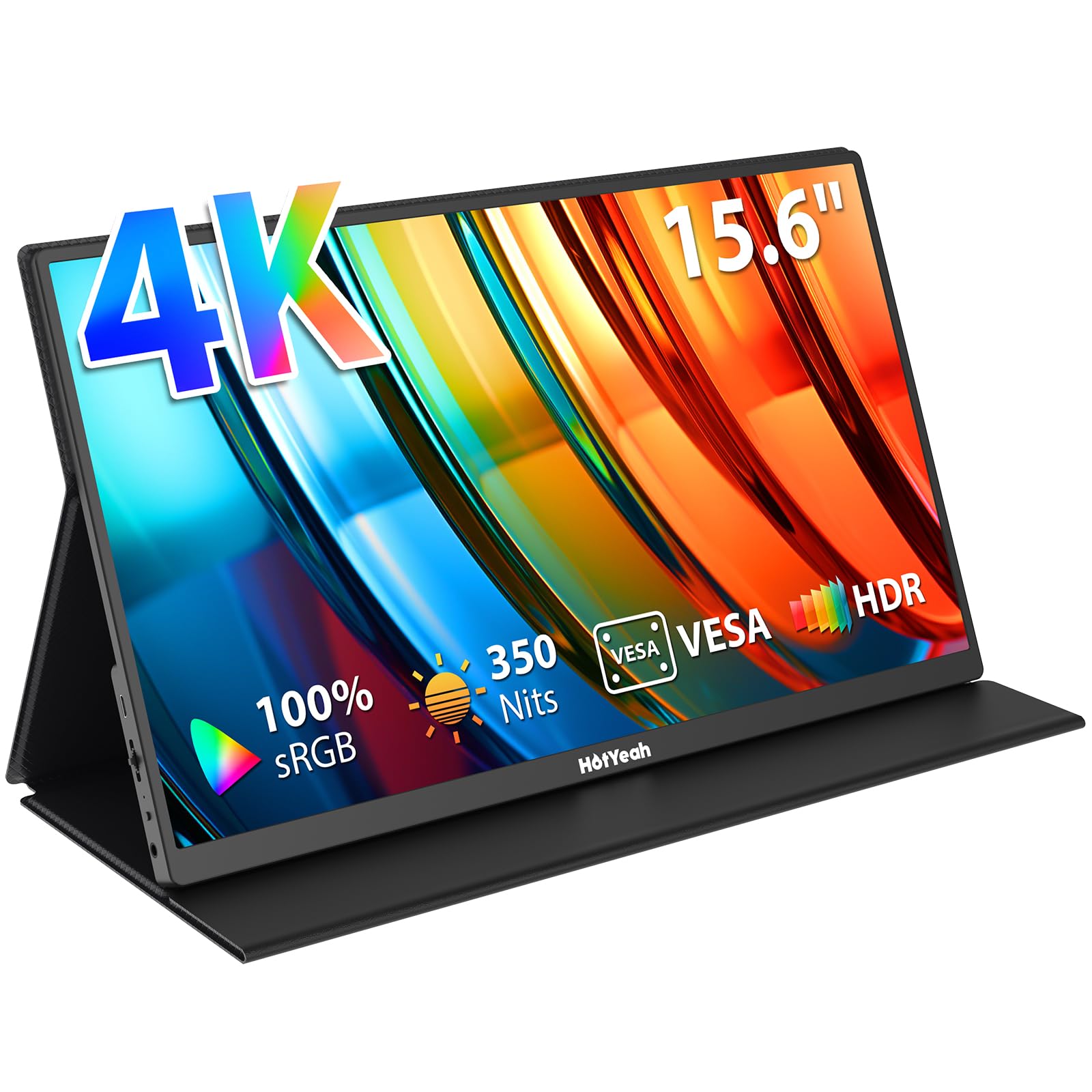 HotYeah 15.6'' 4K Portable Monitor - 3840x2160 UHD USB-C HDMI Laptop Screen with 100% Adobe RGB, HDR & FreeSync | External Computer Display with Built-in Speakers & VESA Cover | Perfect for Travel, Gaming & Office Work