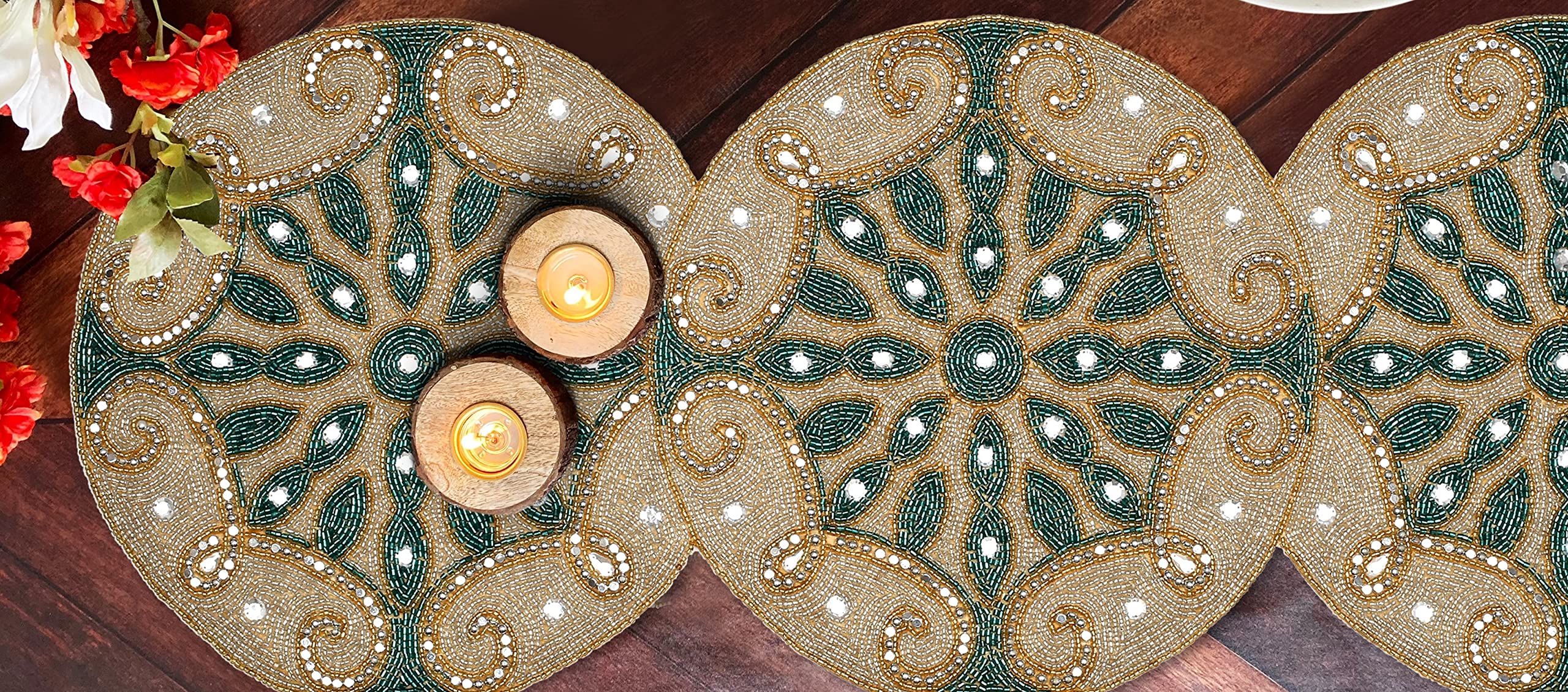 13x36 Beaded Table Runner - Glitz Decorative Farmhouse Rustic Tablecloth for Wedding, Christmas & Holiday Decor in Silver, Teal & Gold | Perfect for Bridal Showers, Dinner Parties & Seasonal Home Decor