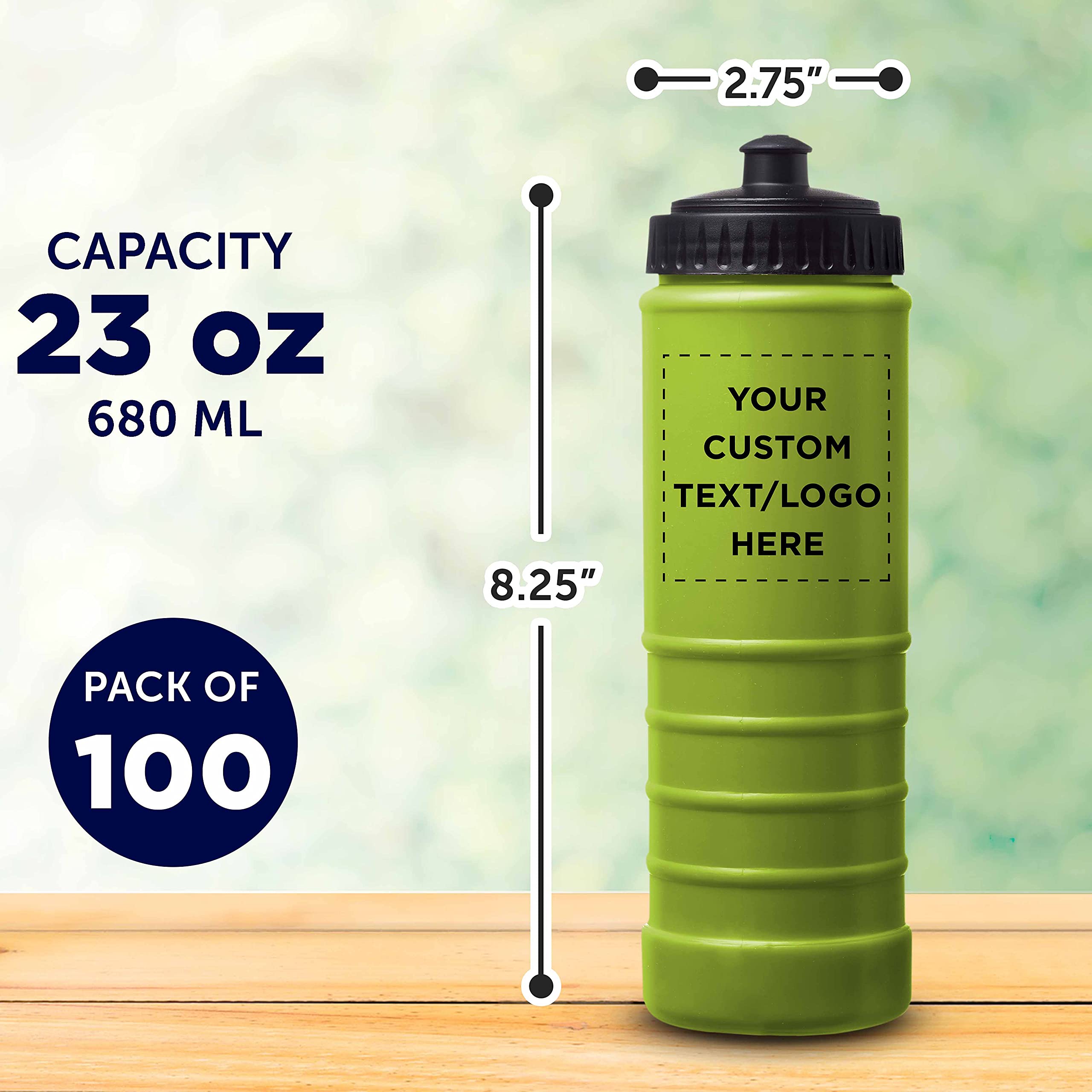 100 Pack 23 oz Plastic Water Bottles with Screw-On Lid & Grip Design - Customizable Text/Logo - Lime Green - Ideal for Sports, Events, Promotions & Bulk Hydration Needs