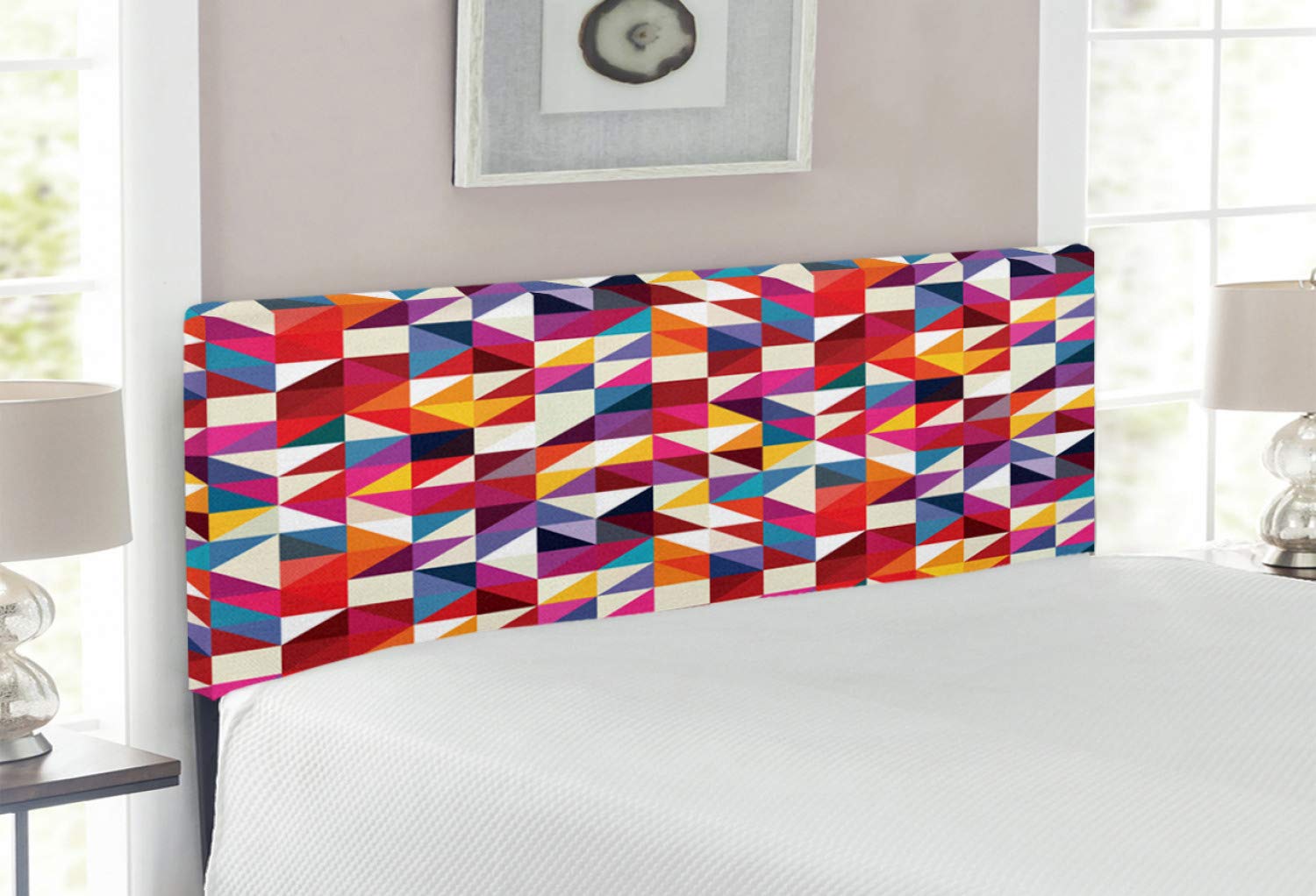 Ambesonne Geometric Headboard - Bauhaus Style Upholstered Metal Bed Headboard with Memory Foam, Triangle & Diamond Patchwork Design, Full Size Multicolor - Perfect for Modern Bedroom Decor & Guest Room Styling