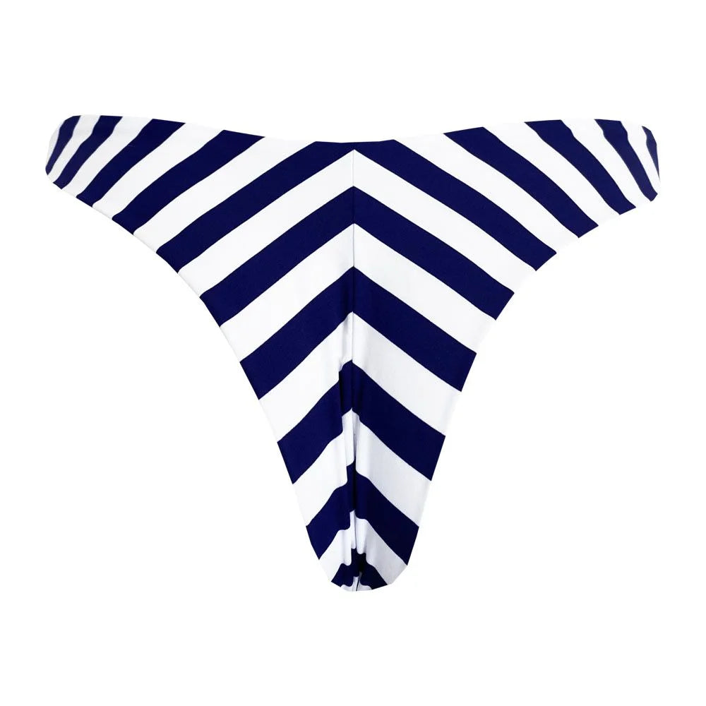 Blue Navy Stripes Brazilian Classic Thong Bikini Bottom - Sexy Swimwear for Women, High Cut Beachwear, Summer Vacation Essentials, Pool Party & Tropical Getaway Outfit
