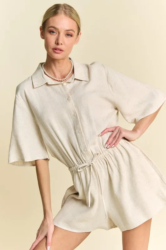 Stylish Women's Drawstring Waist Button Down Shirt Romper Jumpsuit - Casual Summer Outfit for Beach, Travel & Date Night